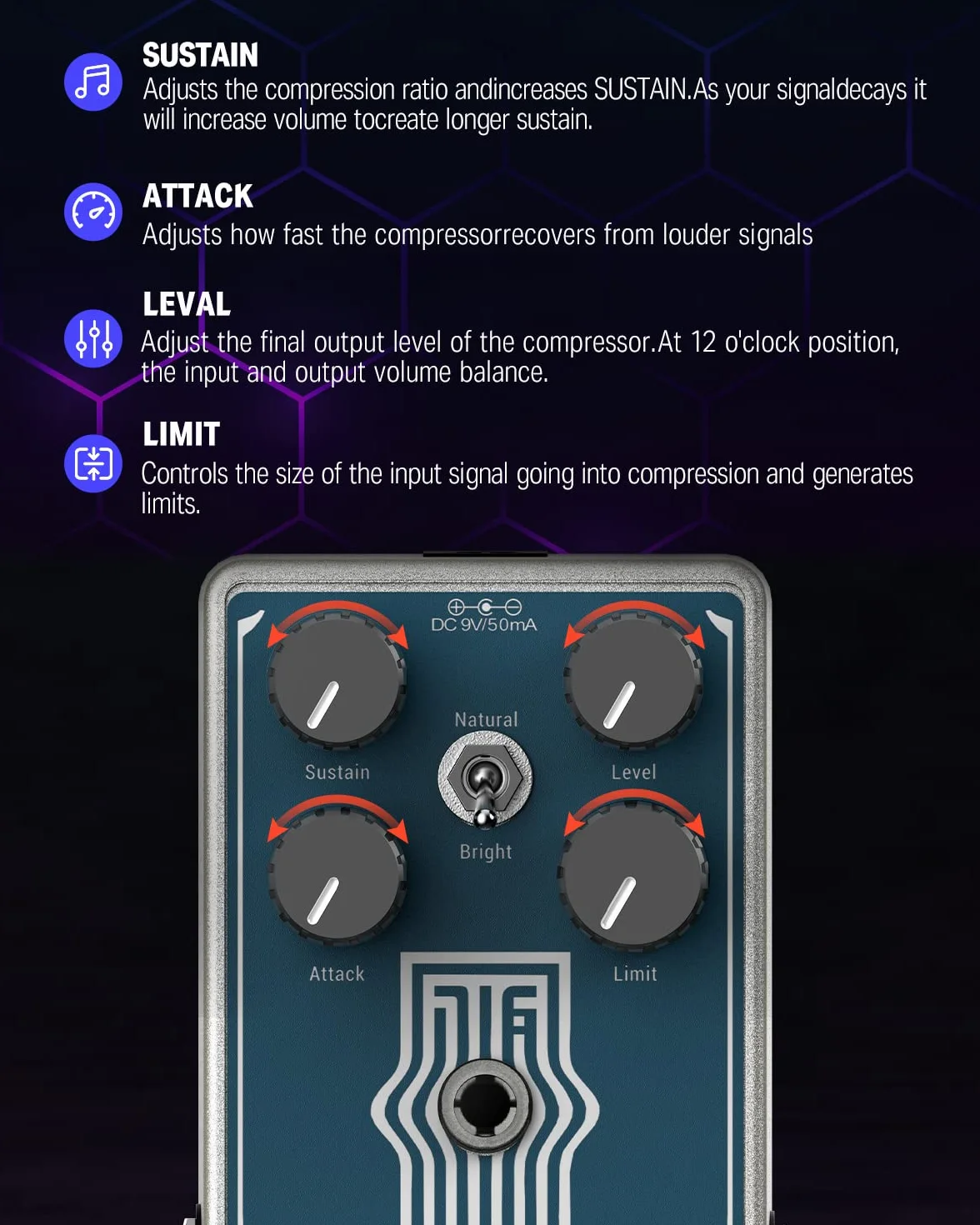 Donner Compressor Gitarrenpedal, Lax Comp Kompressor-Pedal für E-Gitarre und Bass, klassischer Peak-Limiter-Kompressor mit 2-Band-EQ-Boost-Effekt, reiner analoger True-Bypass