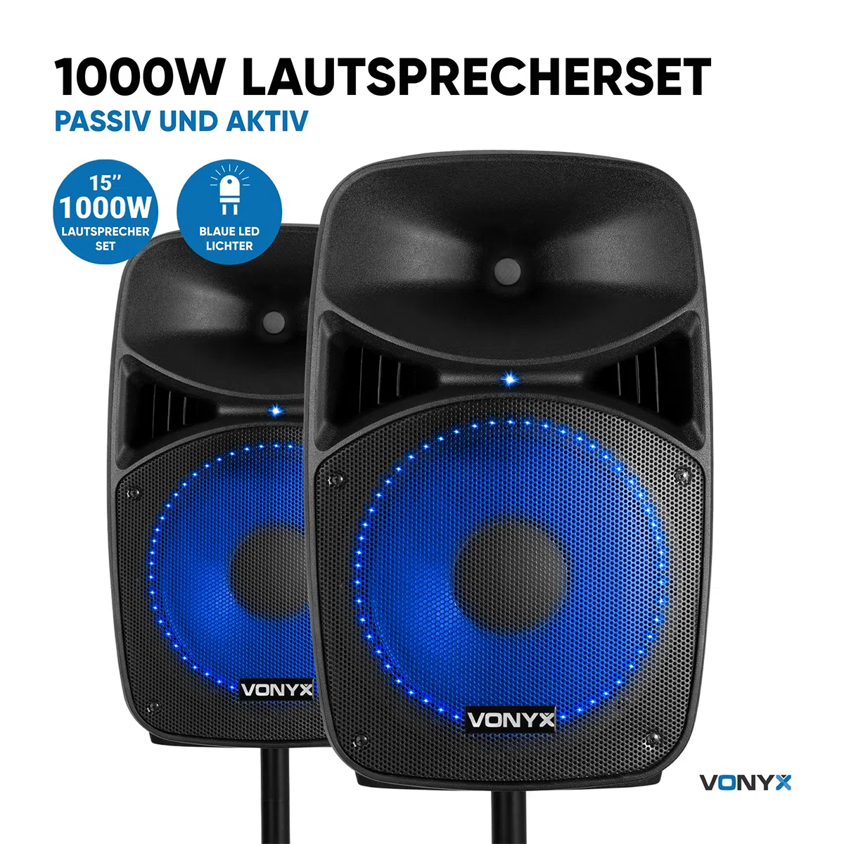 VONYX VPS152A, Aktivlautsprecher Bluetooth, PA Lautsprecher Boxen Aktiv 1000 Watt, Ständer, 2X Kabelloses Mikrofon, PA Anlage Komplettset, 15 Zoll, USB, MP3, DJ Boxen, DJ Set Komplett, Partybox