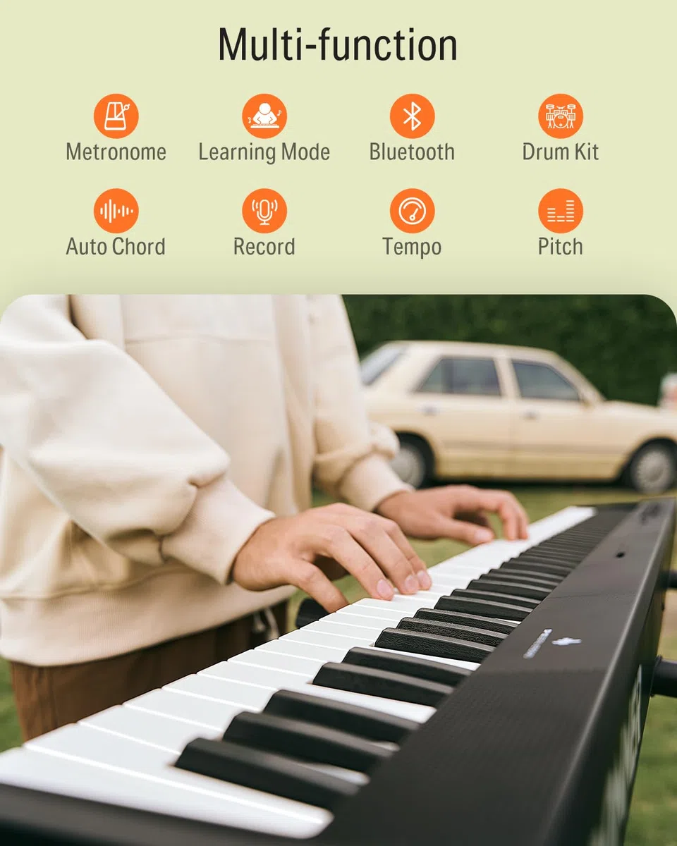 Donner DP-10 Tragbare Klaviertastatur 88 Tasten für Anfänger, Bluetooth faltbare Piano mit 128 Rhythmen, Akkord, Schallplatte, faltbares Digital Piano Bundle mit Pedal, Klaviertasche, Schwarz