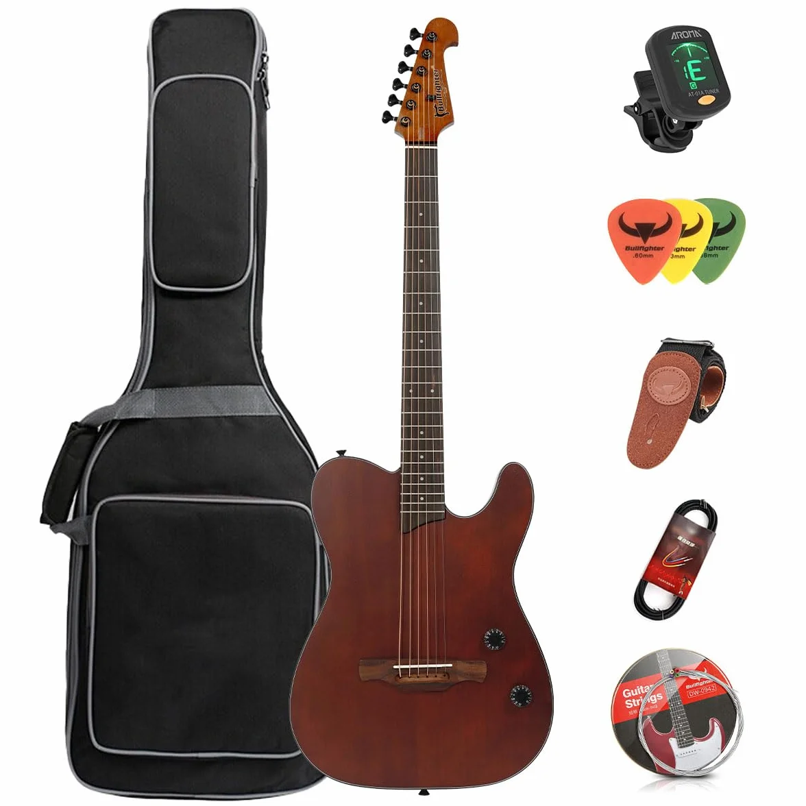 Akustikgitarre leise mit eingebauten Pickups tragbar elektrisch & akustisch nutzbar klassische Gitarre für reisende Musiker & Anfänger inkl. Gigbag, Gurt, Stahlsaiten, Kabel und Plektren (Braun)