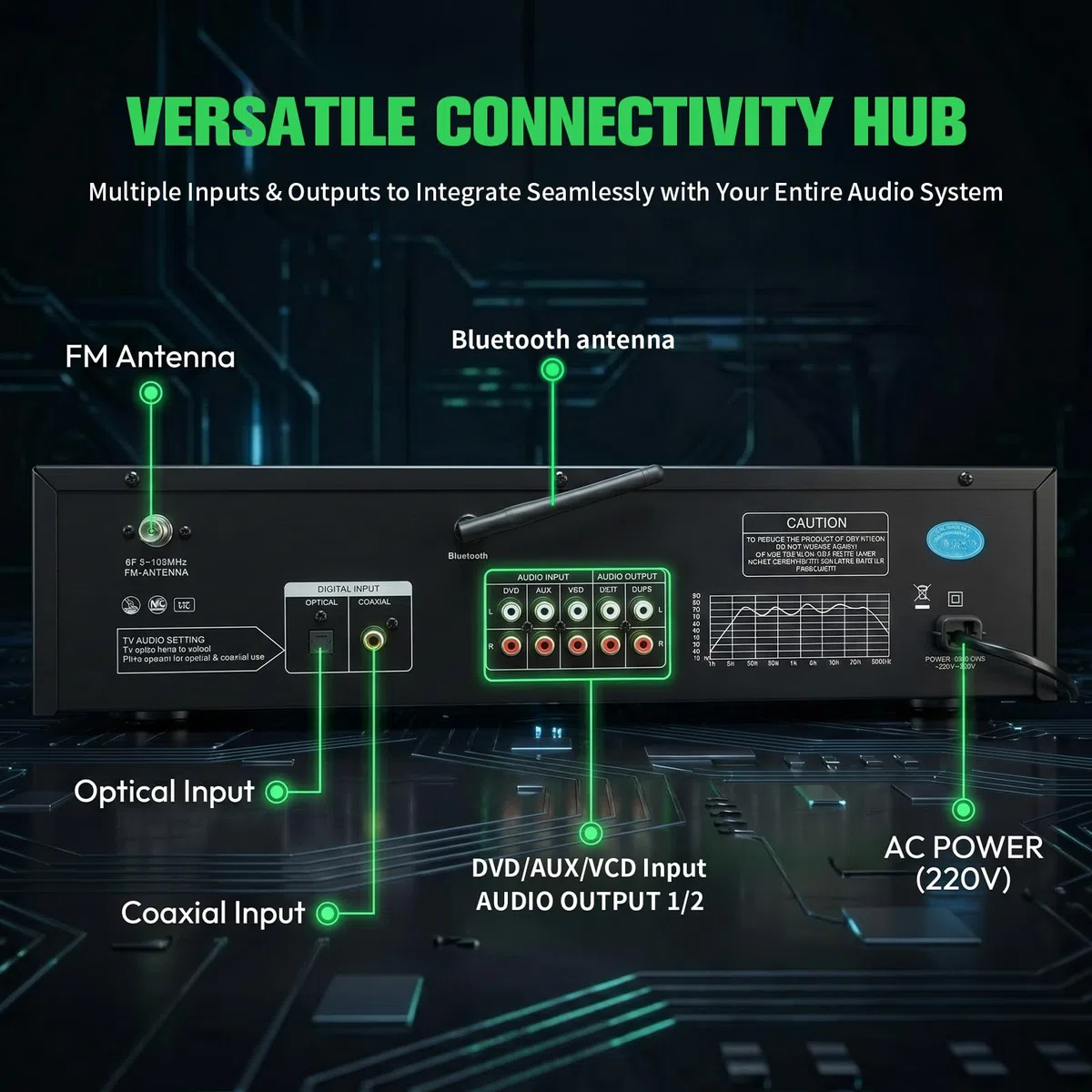 31 Band Digitaler Equalizer, Stereo Graphic Equalizer mit 12 visuellen Rhythmus-Modi, Soundprozessor mit Bluetooth, USB, Optischem/Koaxialem Eingang für Aufnahmestudio Musikdarbietung