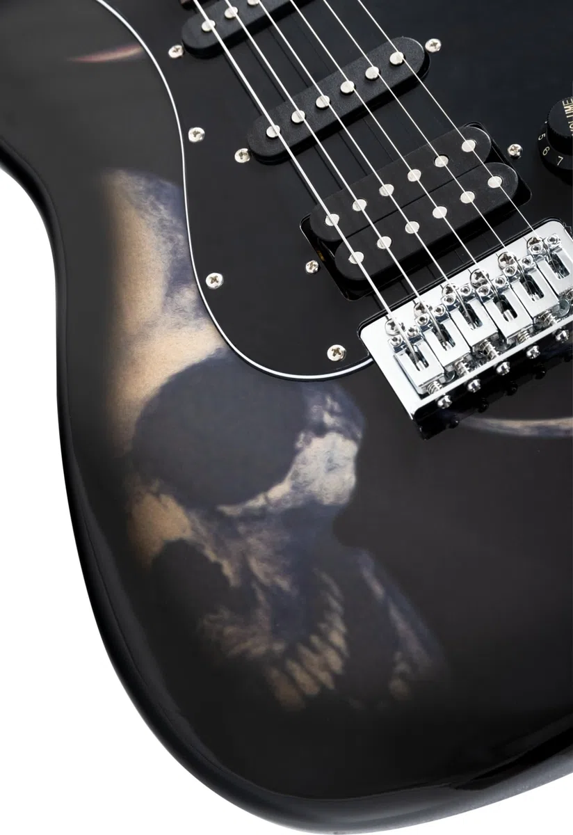 Rocktile Pro ST60-SK E-Gitarre Skull mit Zubehör (Gitarre Gigbag Tasche, Kabel, Plektren, Gitarren Schule mit CD & DVD, Satz Gitarrensaiten)