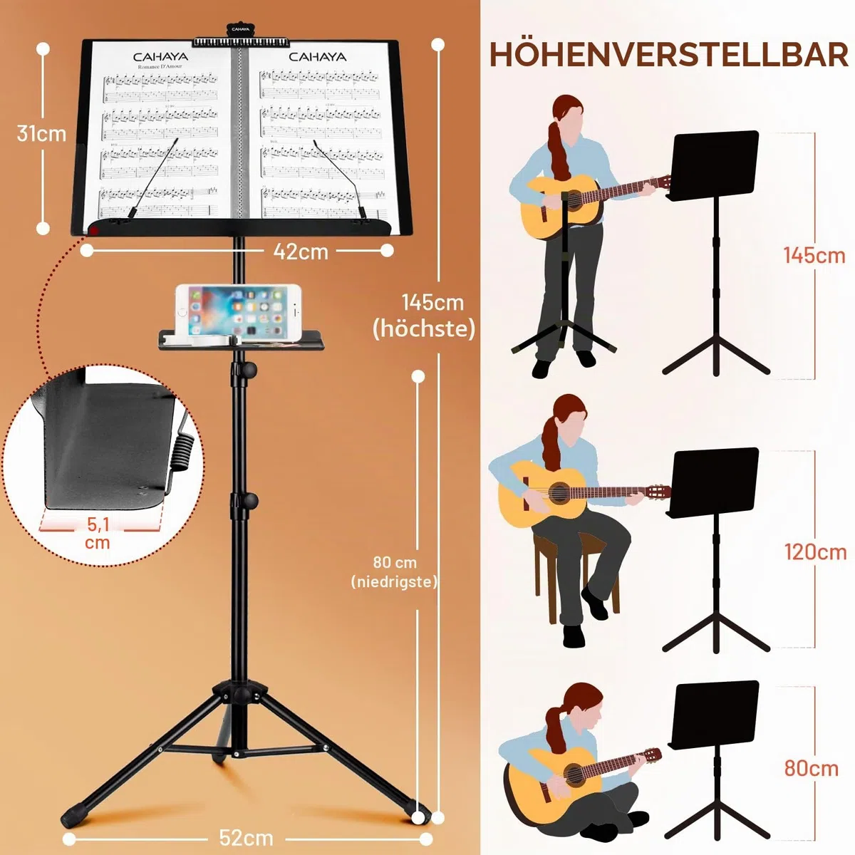 CAHAYA Metall Notenständer klappbar Höhenverstellbar mit Klemmbrett & Tischbuchständer mit Wasserdicht Tragetasche für Gitarre, Ukulele, Geige CY0194+CY0320