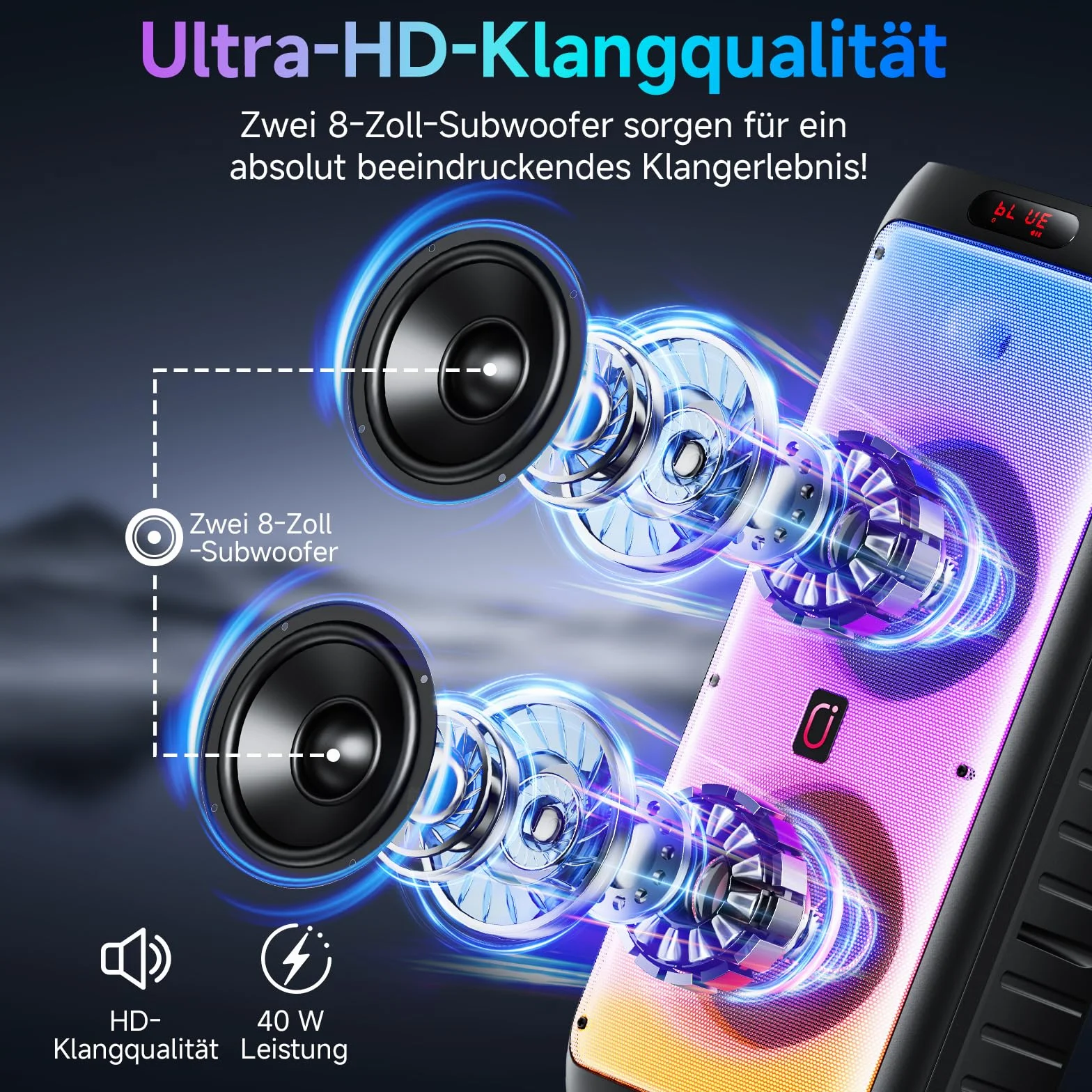 JYX Karaoke Maschine mit 2 Mikrofonen, LED Licht – Bluetooth 5.3, TF/USB/AUX/TWS/LIVE, Karaoke Box & PA Anlage für Party, Outdoor, Zuhause, Erwachsene, Perfekt für Gesang & Duette
