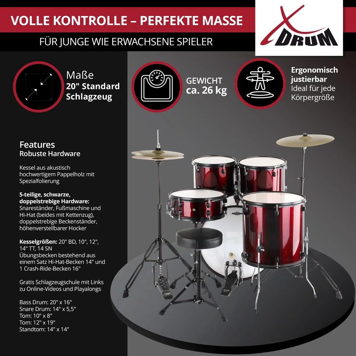XDrum Rookie Schlagzeug Set Drumset Rot (20" BD, 10", 12", 14" TT, 14" SD, Übungsbecken bestehend aus einem Satz Hi-Hat-Becken 14" und 1 Crash-Ride-Becken 16", inkl. Schule und Schlagzeugdämpferset)