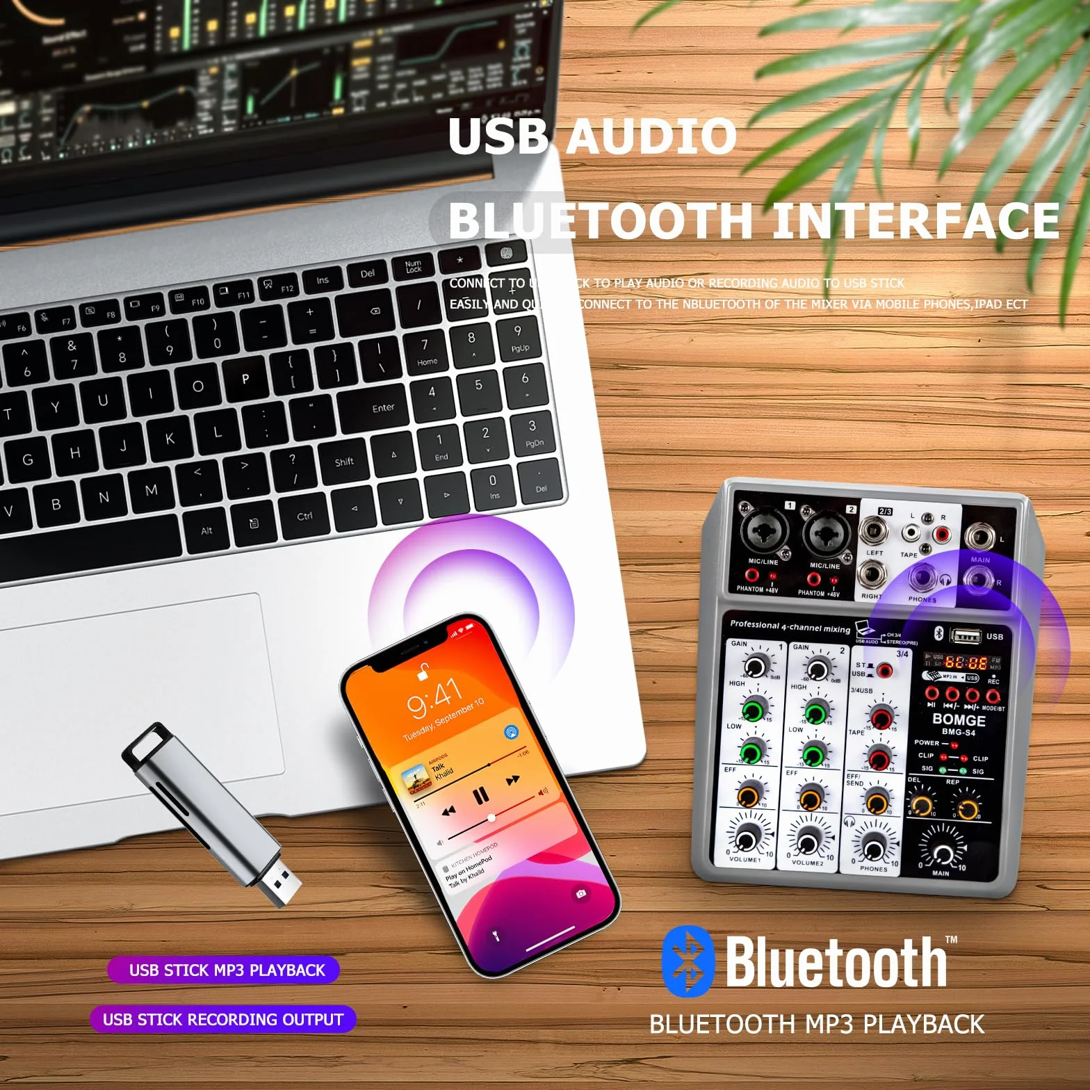BOMGE Professioneller Audio-Mixer, Soundboard-Mischpult mit 4-Kanal-Digital-USB-Bluetooth-Echo-Delay-Effekt, Eingang 48 V Phantomspeisung, Stereo-DJ-Mixer für Aufnahme, Live-Streaming, Podcasting