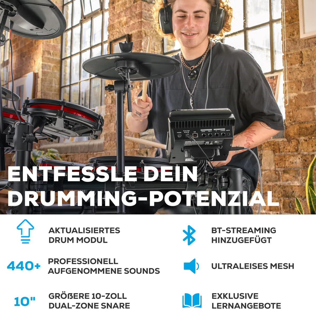 Alesis Nitro Max Kit 10-teiliges Elektronische Schlagzeug mit Quiet Mesh Pads, 10" Dual Zone Snare, Bluetooth, 440+ Sounds, Drumeo, USB MIDI, Kick Pedal