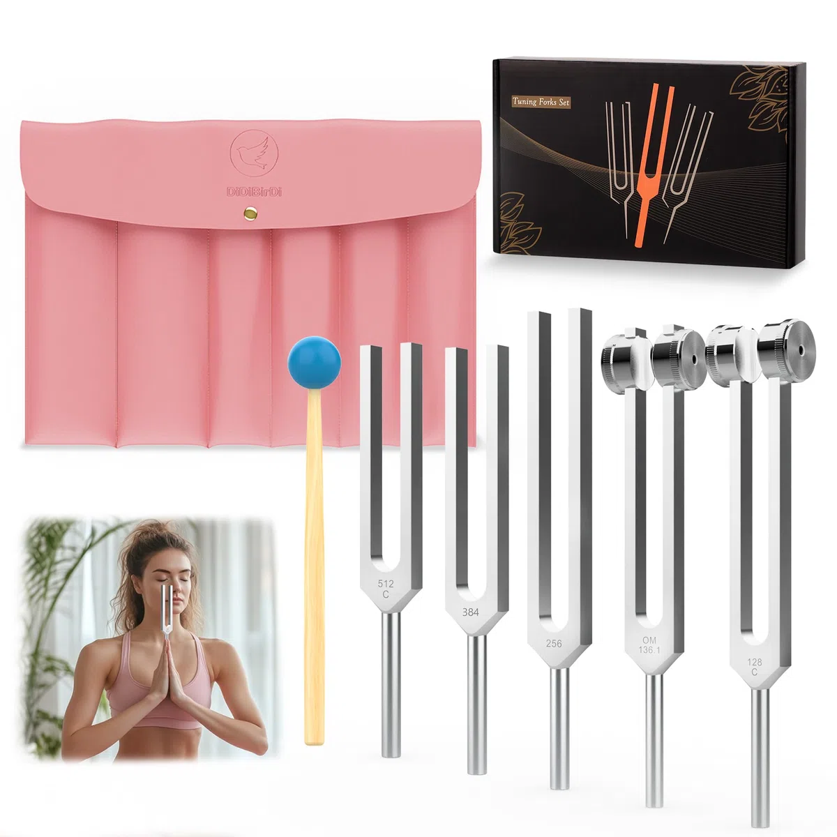 Stimmgabel Set 5 Stimmgabeln (128Hz, 136.1Hz, 256Hz, 384Hz, 512Hz),mit PU-Leder Etui & Gummihammer, für Yoga, Meditation, Entspannung