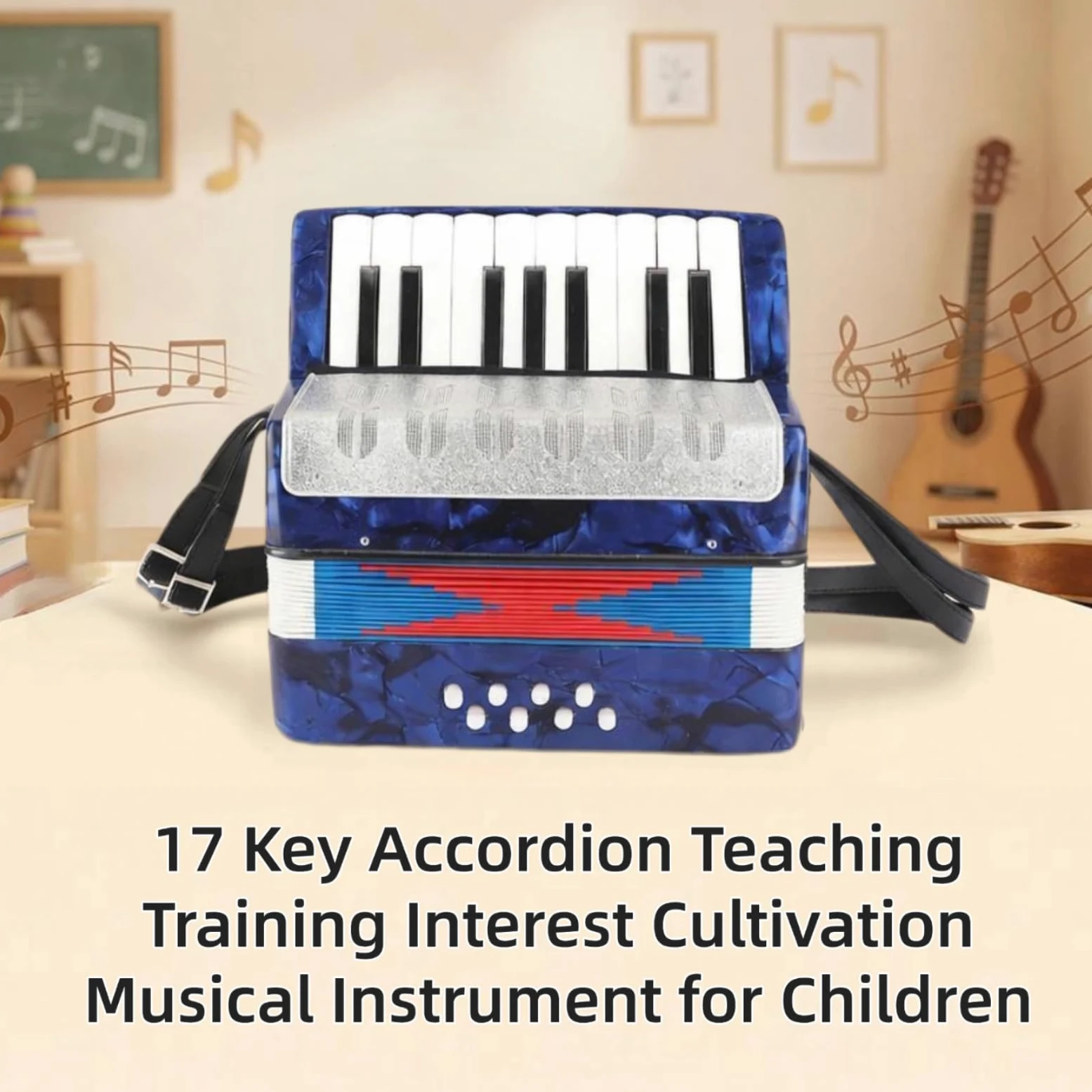 Piano Accordion 17 Key 8 Bass Beginner Handheld Musical Instrument for Kids Children Students Beginners Learning Teaching Music Education