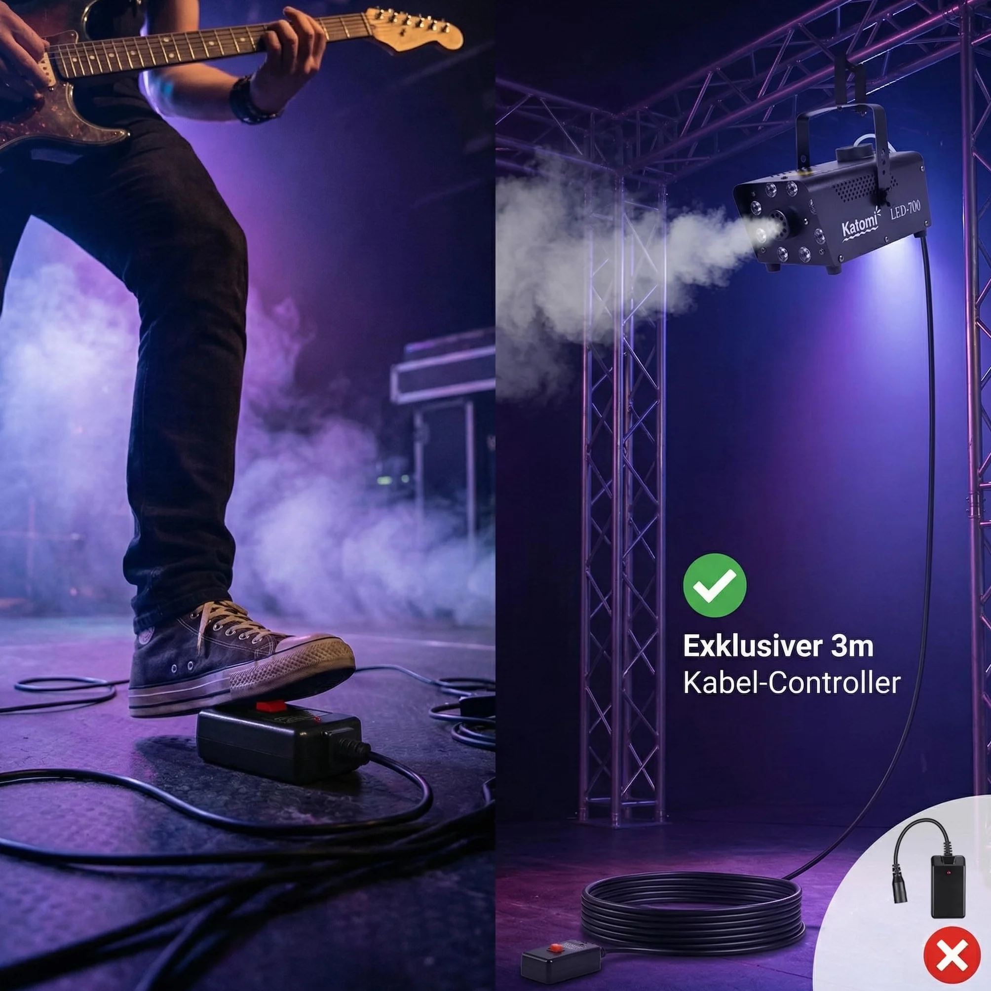 Nebelmaschine 500W mit 8 RGB LEDs & Lichteffekten, Mini Fog Machine mit 3m Kabel-Fußschalter & 2 Funkfernbedienungen, Automatik Rauchmaschine für Halloween, Party, DJ, Bühne & Hochzeit