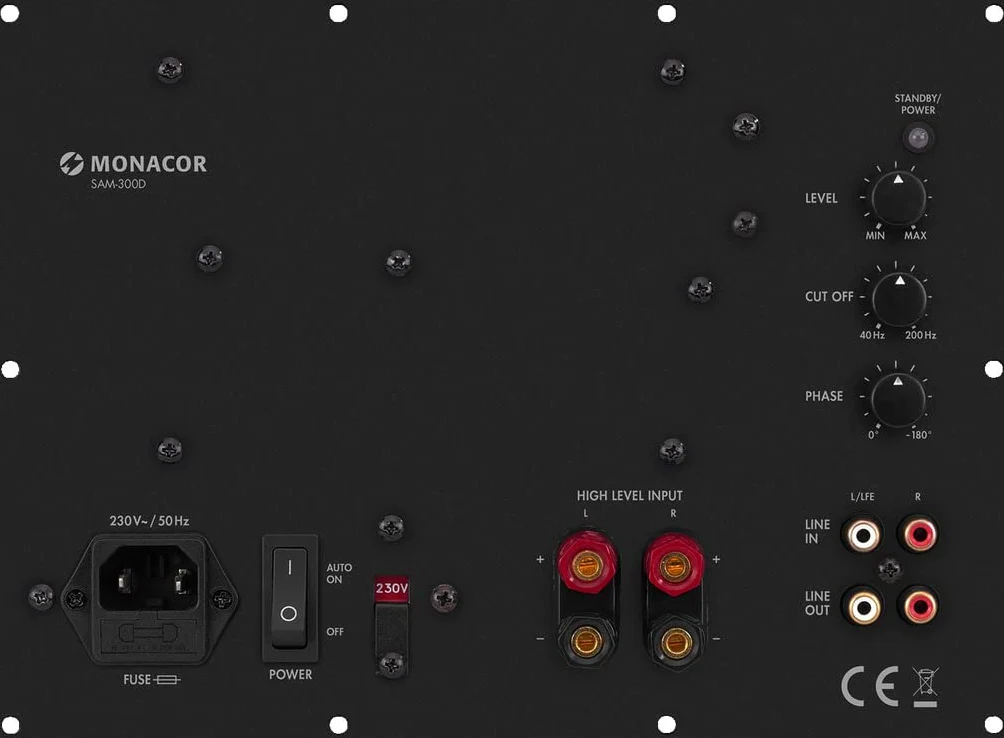 Monacor SAM-300D Aktives Subwoofer-Modul Klasse-D für das Digitale Zeitalter, Einbau-Verstärker in Schwarz mit Lautsprecherschutz