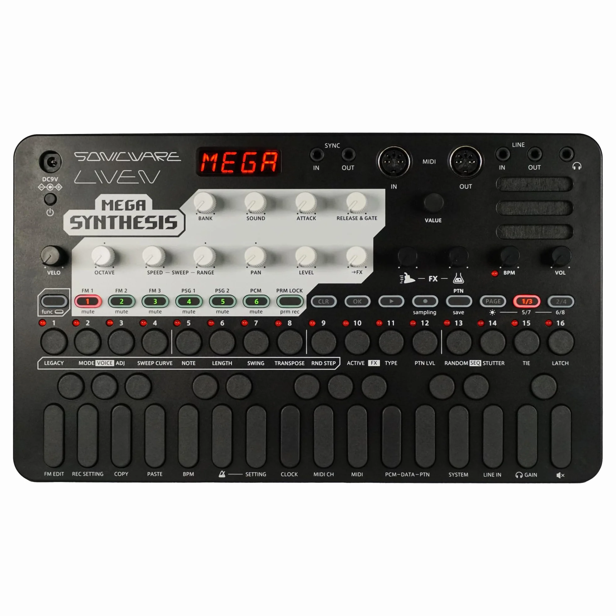 Sonicware LIVEN Mega Synthesis [Retro-Game-Music Groovebox & Synthesizer] FM-Soundmodul, 8-bit PCM-Sampling, 10 Effekte, Sound- & Patternbank von Yuzo Koshiro