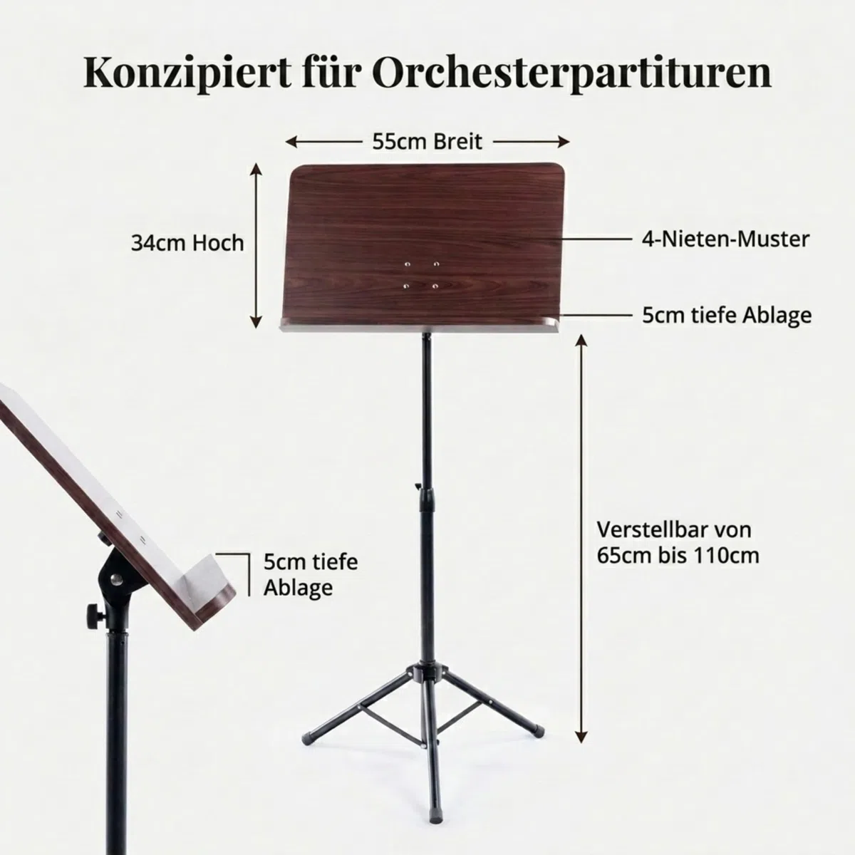 Classic Cantabile Orchesterpult Rosenholz - Robustes Stativ mit großer Notenablage - Edle Optik in Rosenholz laminiert - Höhenverstellbar von 65 bis 110 cm - Prismenverbindung