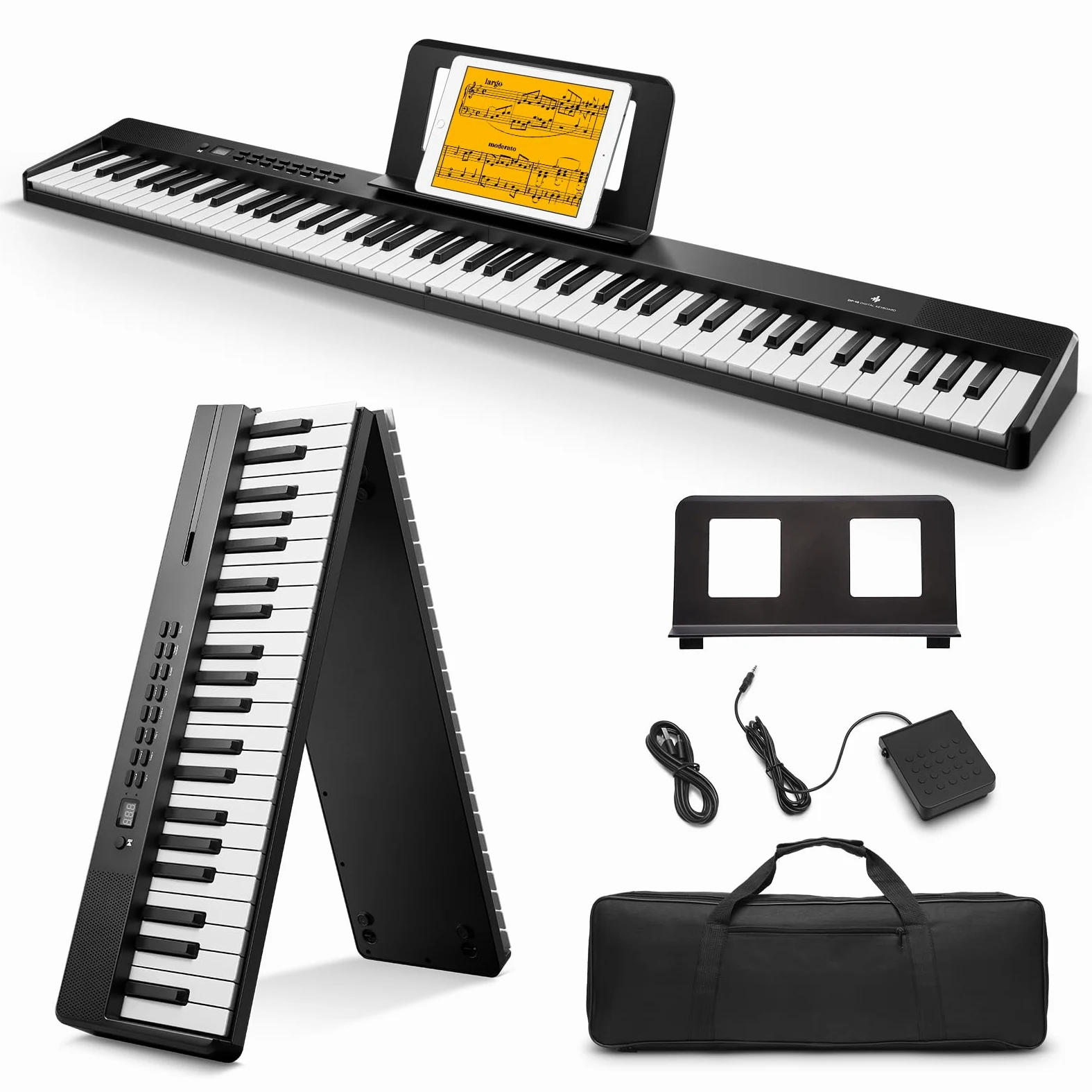 Donner DP-10 Tragbare Klaviertastatur 88 Tasten für Anfänger, Bluetooth faltbare Piano mit 128 Rhythmen, Akkord, Schallplatte, faltbares Digital Piano Bundle mit Pedal, Klaviertasche, Schwarz