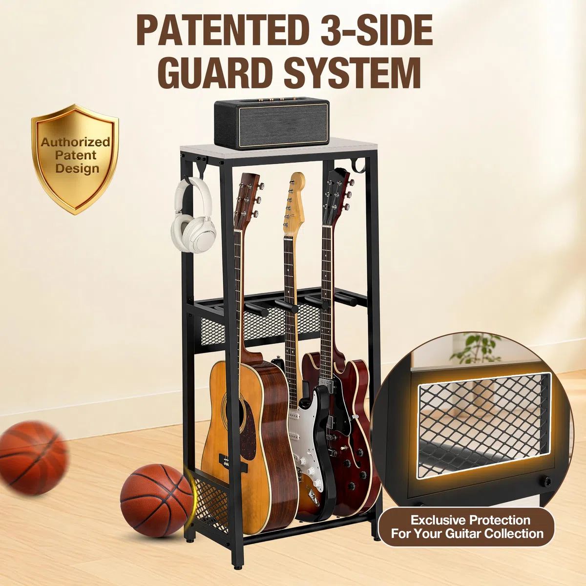 EmberGlow Offizieller Gitarrenständer, Gitarrenständer mit Verstärkerständer für Akustikgitarre, E-Gitarre, Bass, Ukulele, Multi-Gitarrenständer für Heimstudio, Musikzimmer, Grau, S