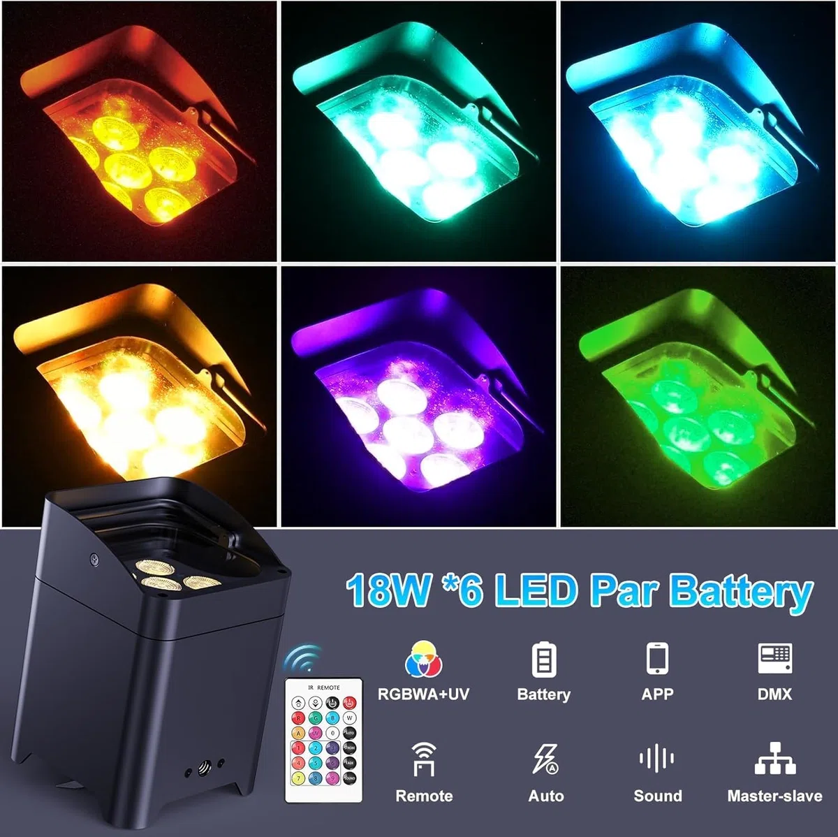 6er 108 W Akku LED Par Strahler mit wiederaufladbarer Flightcase, RGBWA+UV 16,77 Millionen Farben Batterie Bühnenlicht Uplight mit Fernbedienung/DMX/APP Discolicht für DJ Hochzeit Weihnachten