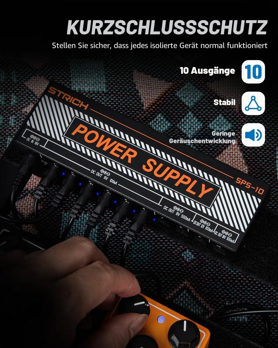 STRICH SPS-10 Gitarrenpedal-Netzteil, 10 Isolierte DC Ausgänge für 9V/12V/18V Gitarre Bass Effektpedale, 100mA 500mA Pedalboard-Netzteil mit Kurzschlussschutz