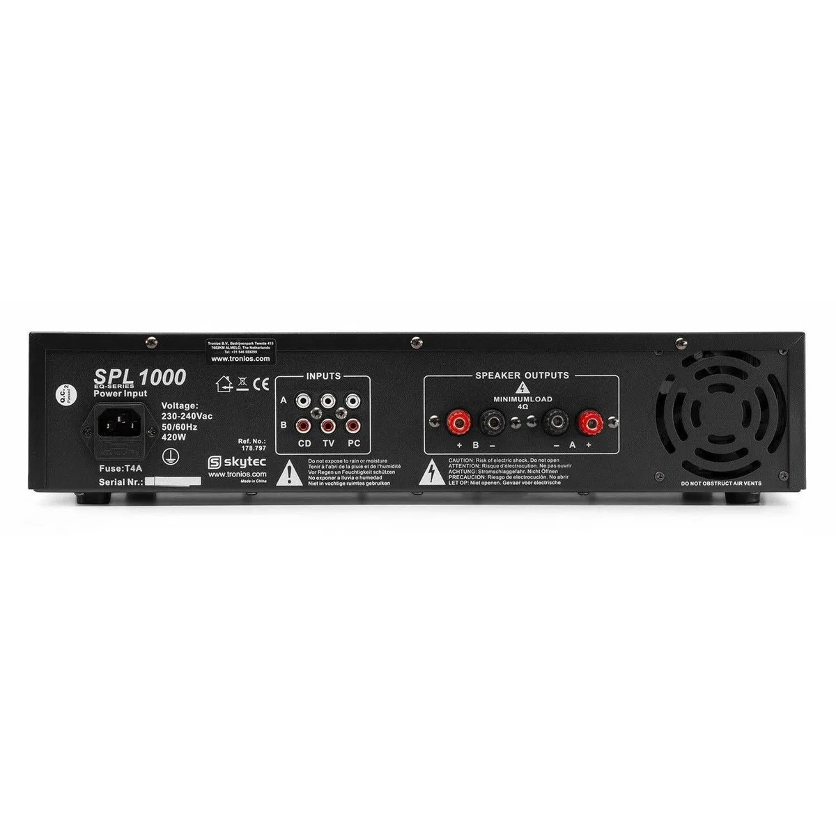 SkyTec SPL1000 PA Verstärker Endstufe 1000 Watt, mit 3-Band-Equalizer, 3 Kanal Input, Chinch, AUX, ideal für DJ Boxen, Clubs, Bars und Gastronomie, Schwarz