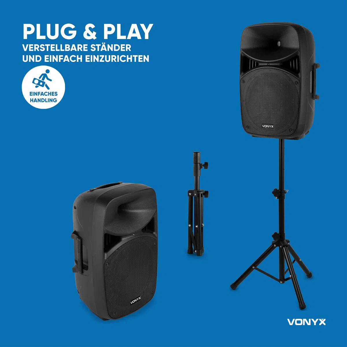 VONYX VPS152A, Aktivlautsprecher Bluetooth, PA Lautsprecher Boxen Aktiv 1000 Watt, Ständer, 2X Kabelloses Mikrofon, PA Anlage Komplettset, 15 Zoll, USB, MP3, DJ Boxen, DJ Set Komplett, Partybox