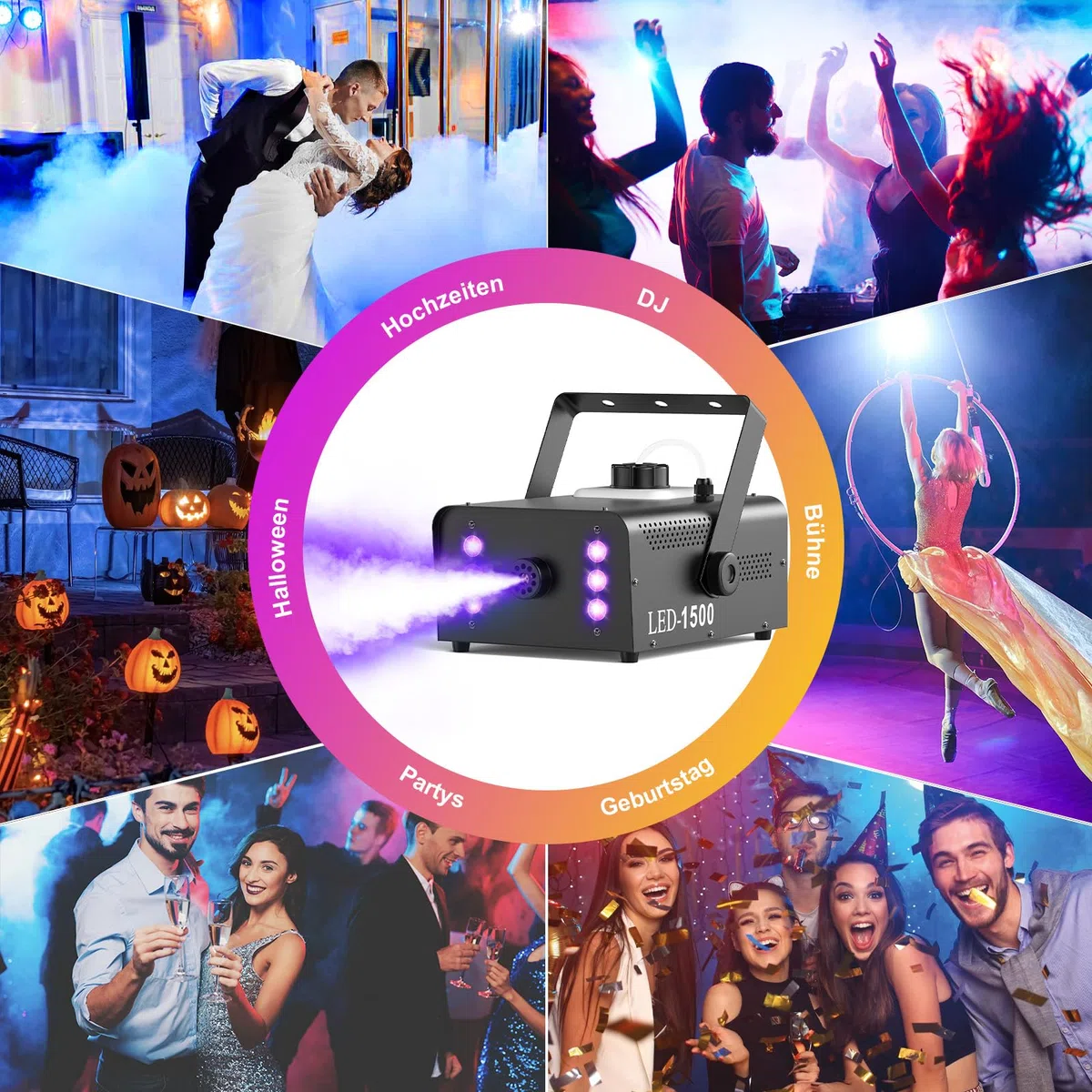 UKing 1500W Nebelmaschine 6 RGB LED,Partylicht Rauchmaschine mit Fernbedienung und 1L Tank,Hohes Nebelvolumen für Hochzeit, Party, Theater, Halloween, Weihnachten
