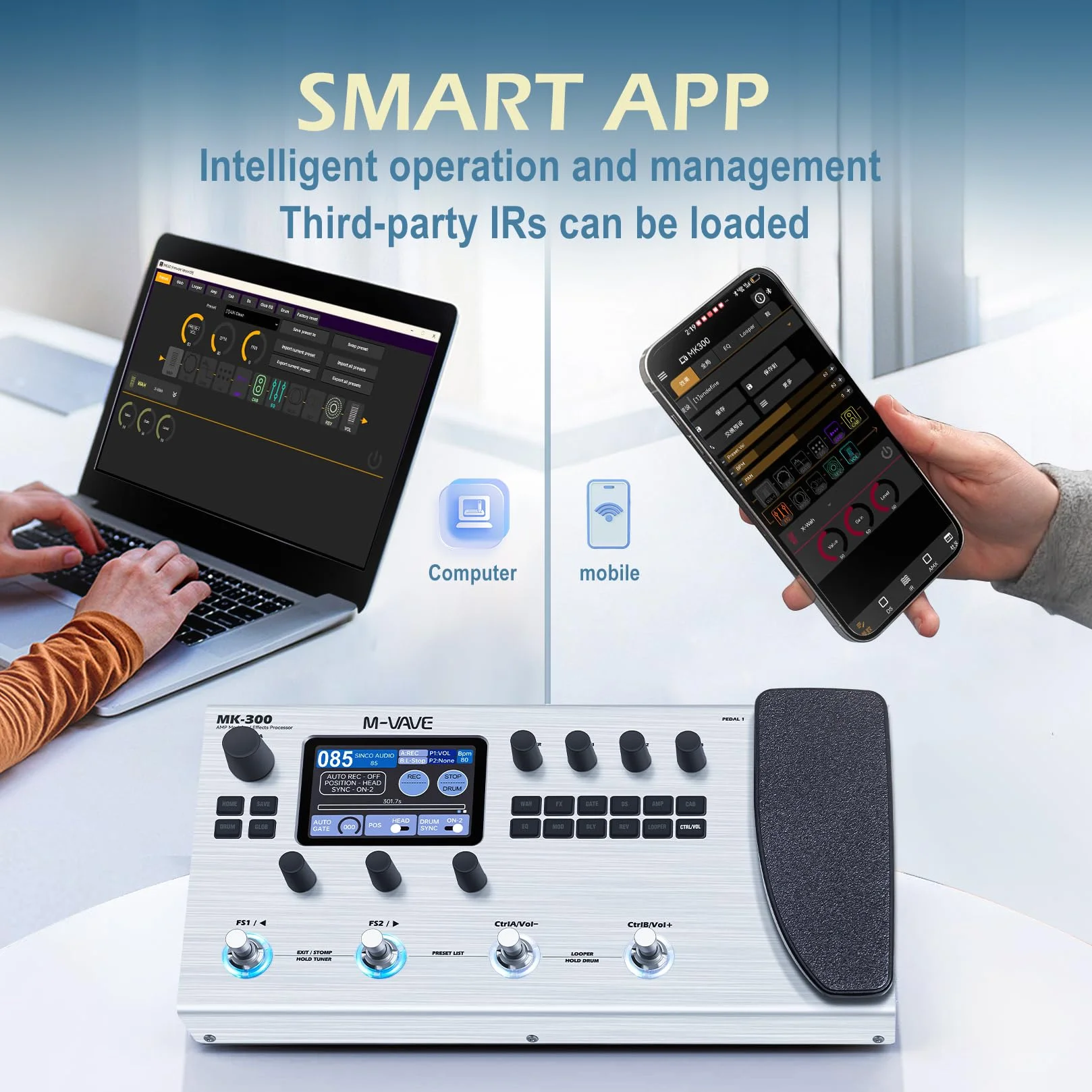 M-Vave MK-300 - Multieffektprozessor für Gitarre und Bass, 11 Module, über 320 Effekte, 120 Verstärker, IR-Loader, Looper, Drumcomputer, BT- und USB-Soundkarte