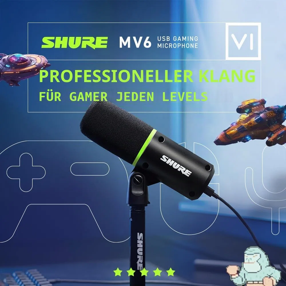 Shure MV6 USB Gaming Mikrofon, USB-C, Dynamisches Mikrofon, Streaming, Digital, für PC Gamer & Streamer