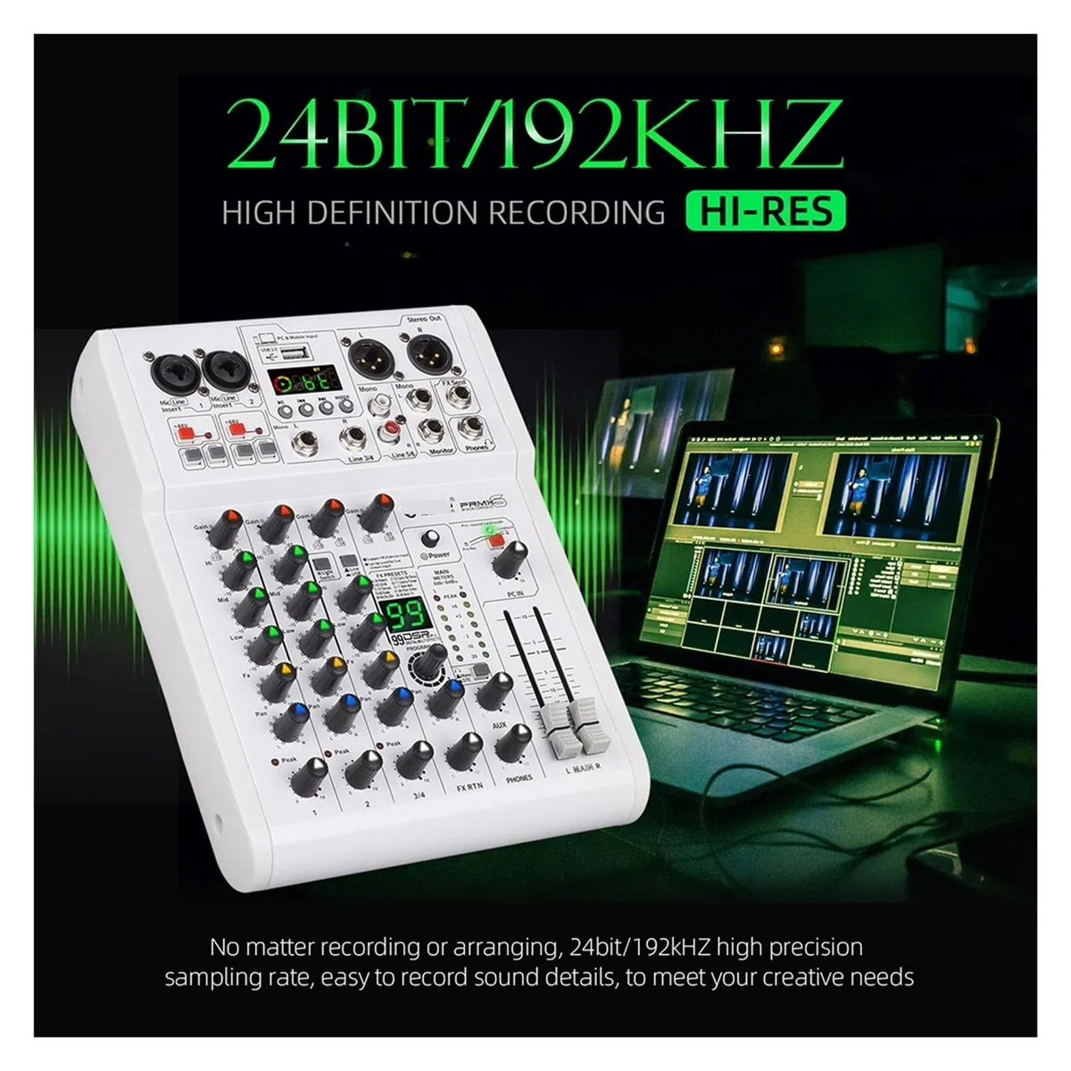 Audiomixer, Mixer DJ-Konsole 99 DSP-Effekte Mischpult PRMX-6 mit 5.0 BT 24bit/192k for die Aufnahme von Musikinstrumenten
