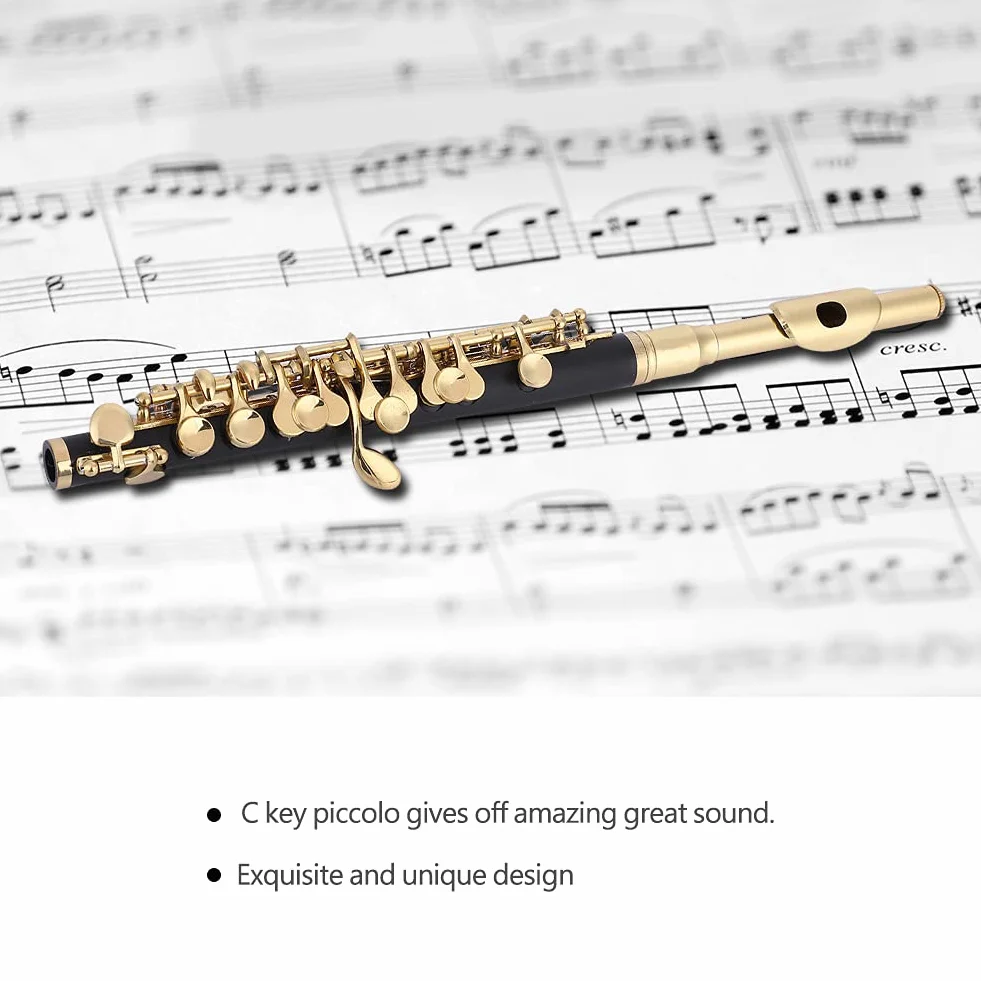 C-Taste Piccoloflöte, ABS-Cupronickel-Flöte in Halber Größe Ottavino Piccolo-Instrument mit Gepolsterter Aufbewahrungsbox (Gold)