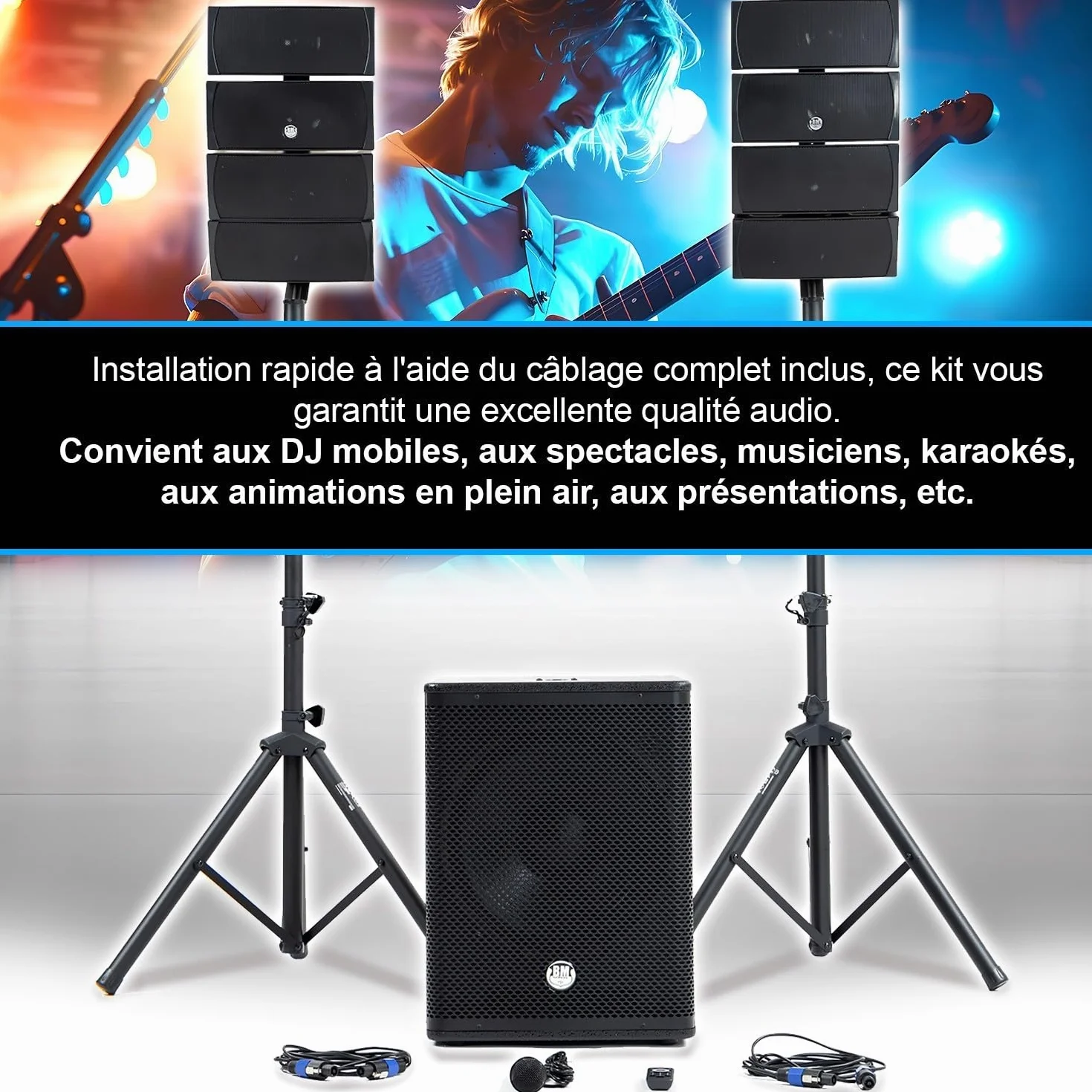 Sono DJ 1200 W BM Bmsonic 2 Satellitenlautsprecher enorme SUB 38 cm USB/Bluetooth, 2 Mikrofone, Animation, Hochzeit, Taufe, Abend