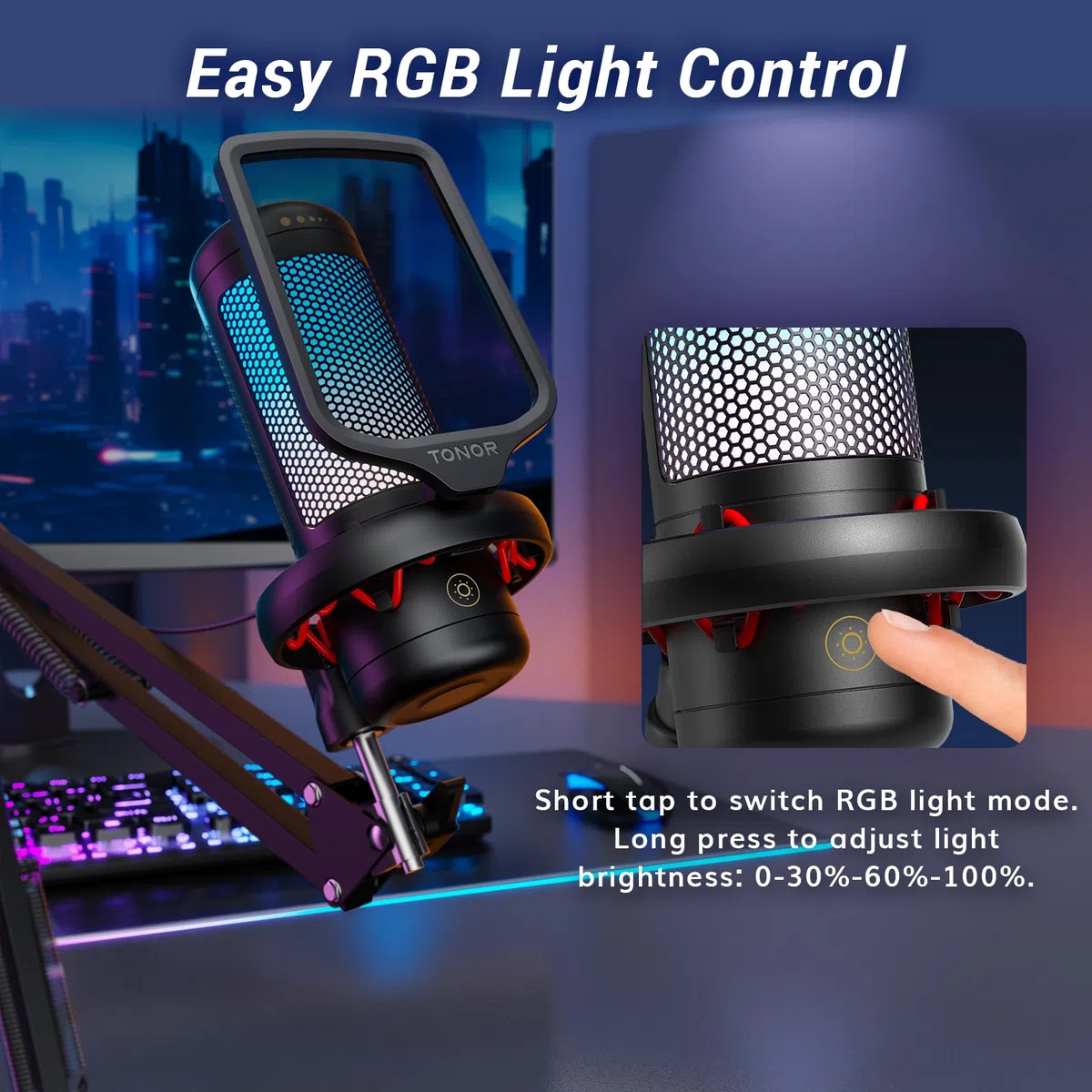 TONOR Gaming Mikrofon PC, USB Microphone für Computer PS4/5, Kondensatormikro mit RGB-Modi & Helligkeit einstellbar, Stummschaltung, Mic für Streaming, Mikrofonarm, Schwarz, TC310+