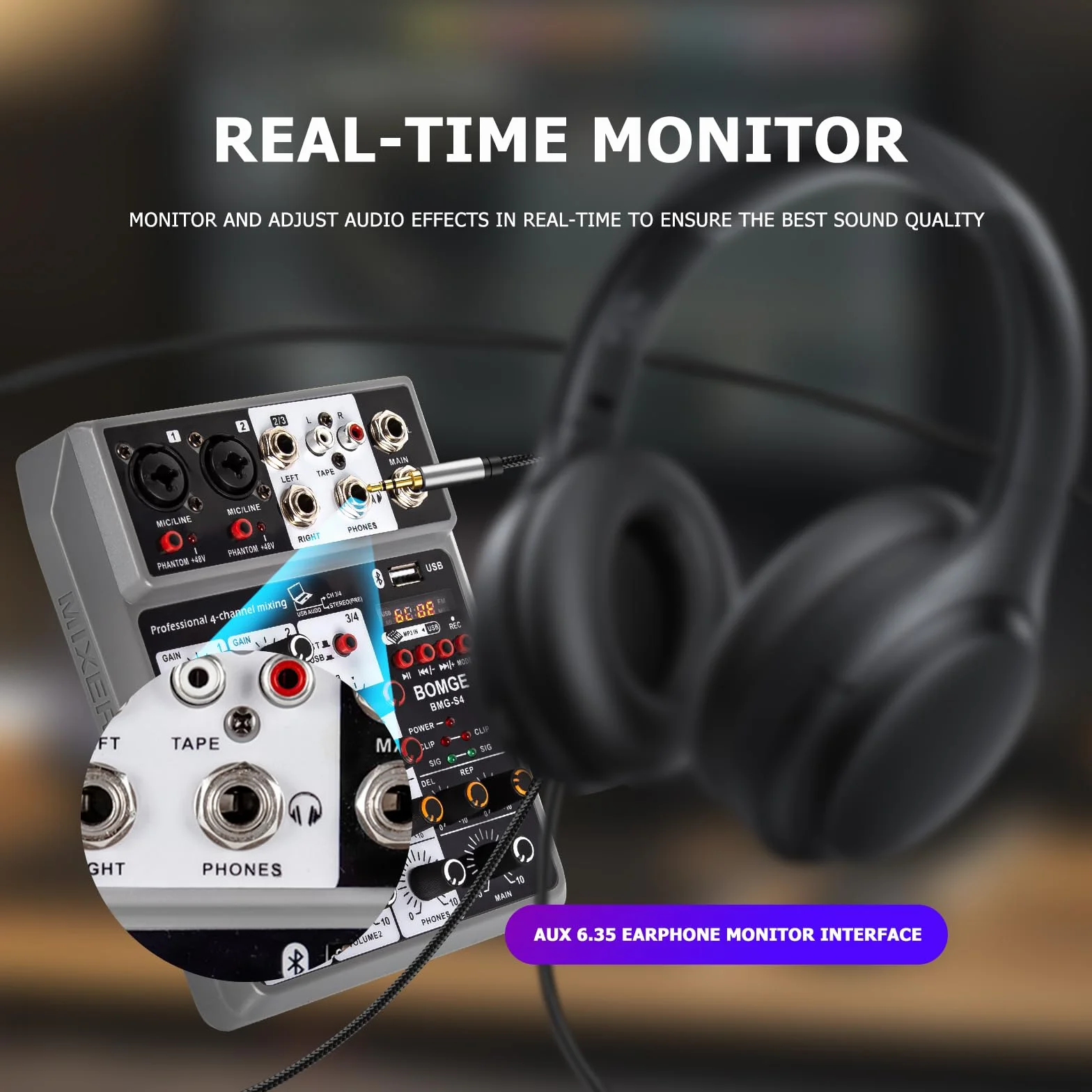 BOMGE Professioneller Audio-Mixer, Soundboard-Mischpult mit 4-Kanal-Digital-USB-Bluetooth-Echo-Delay-Effekt, Eingang 48 V Phantomspeisung, Stereo-DJ-Mixer für Aufnahme, Live-Streaming, Podcasting