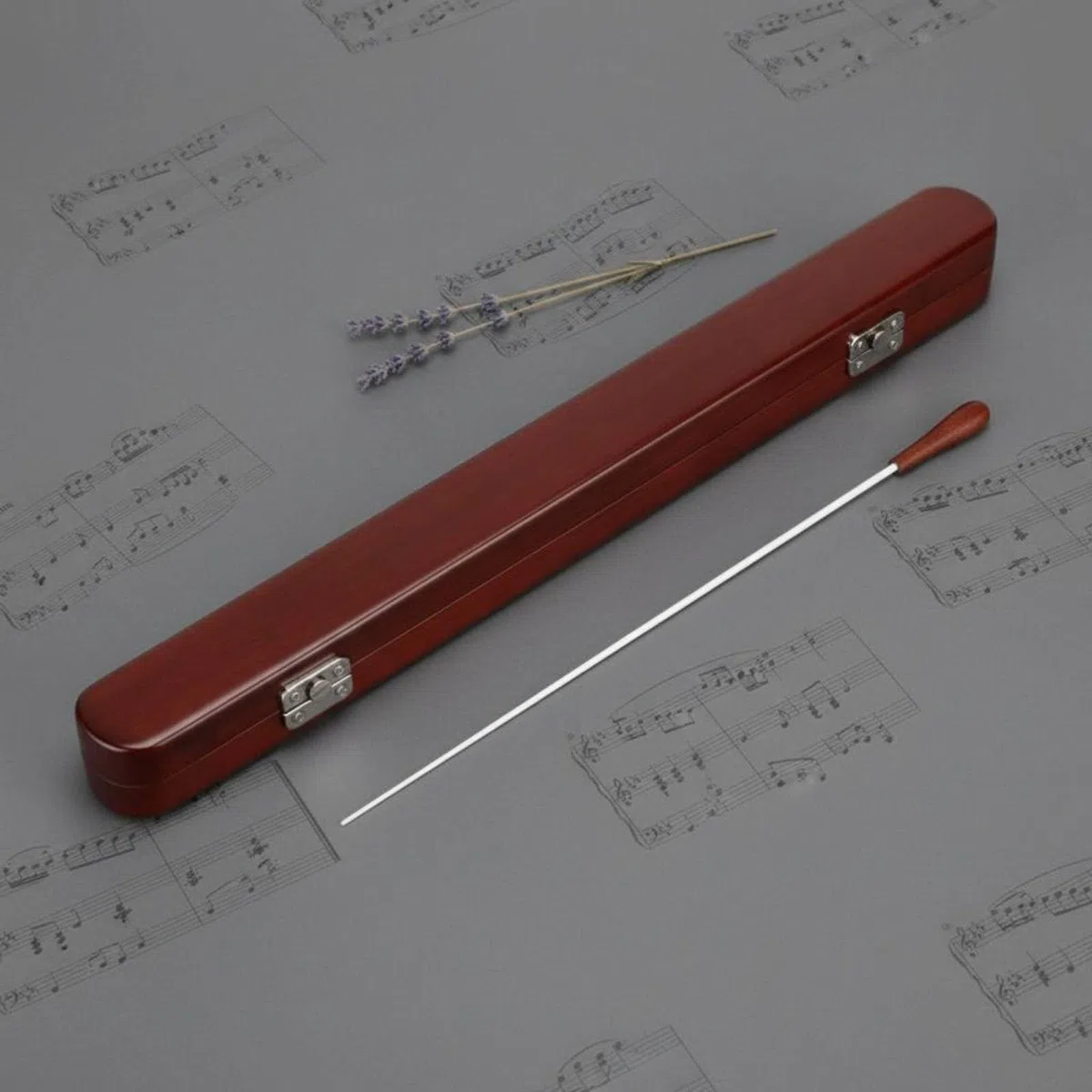 Dirigentenstab mit Etui aus Mahagoni, Bernstein, runder Kasten Taktstock