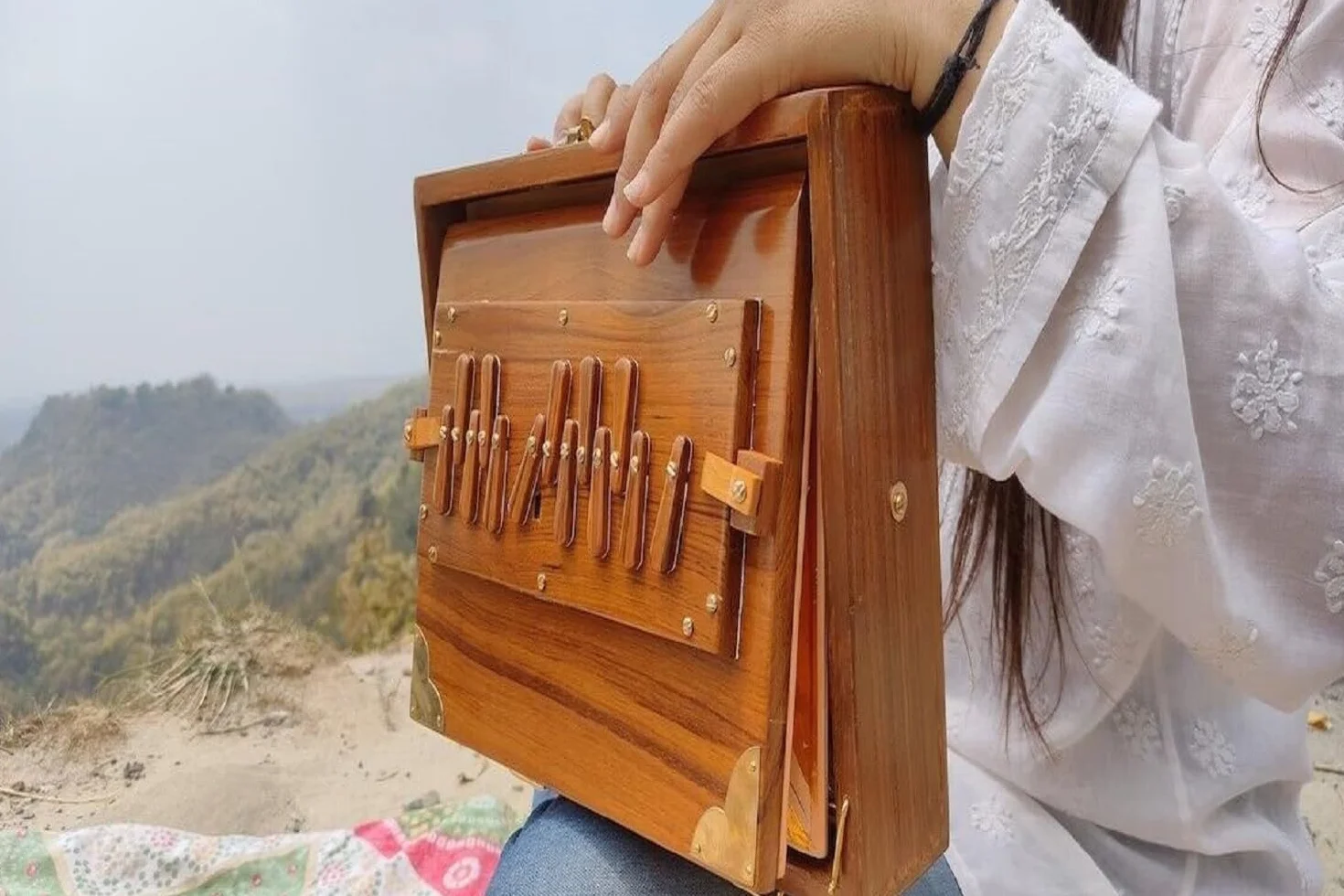 Teakholz Shruti Box Musikinstrument, gestimmt 13 Noten und 432 Hertz, Shruti Box mit Tragetasche