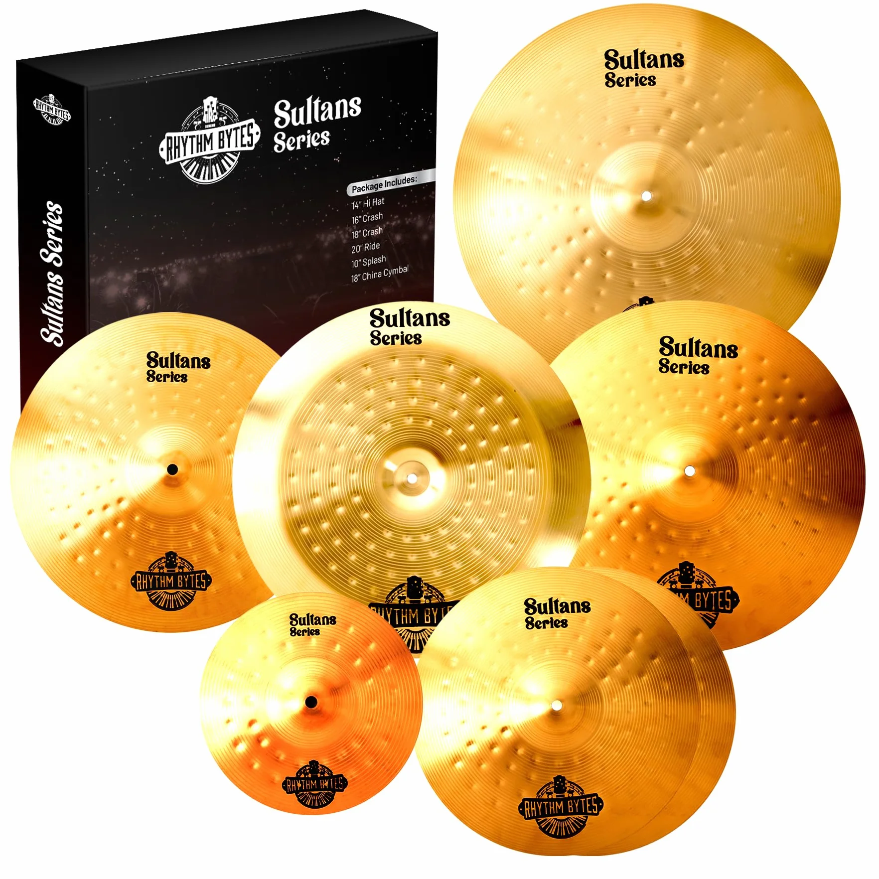 Beckenset Schlagzeug | 7-teiliges Beckenpack beinhaltet 14" HiHat becken, 16" Crash-becken, 18" Crash, 20" Ridebecken, Bonus 10" Splash und 18" China-Becken | Sultans Series Cymbal Pack