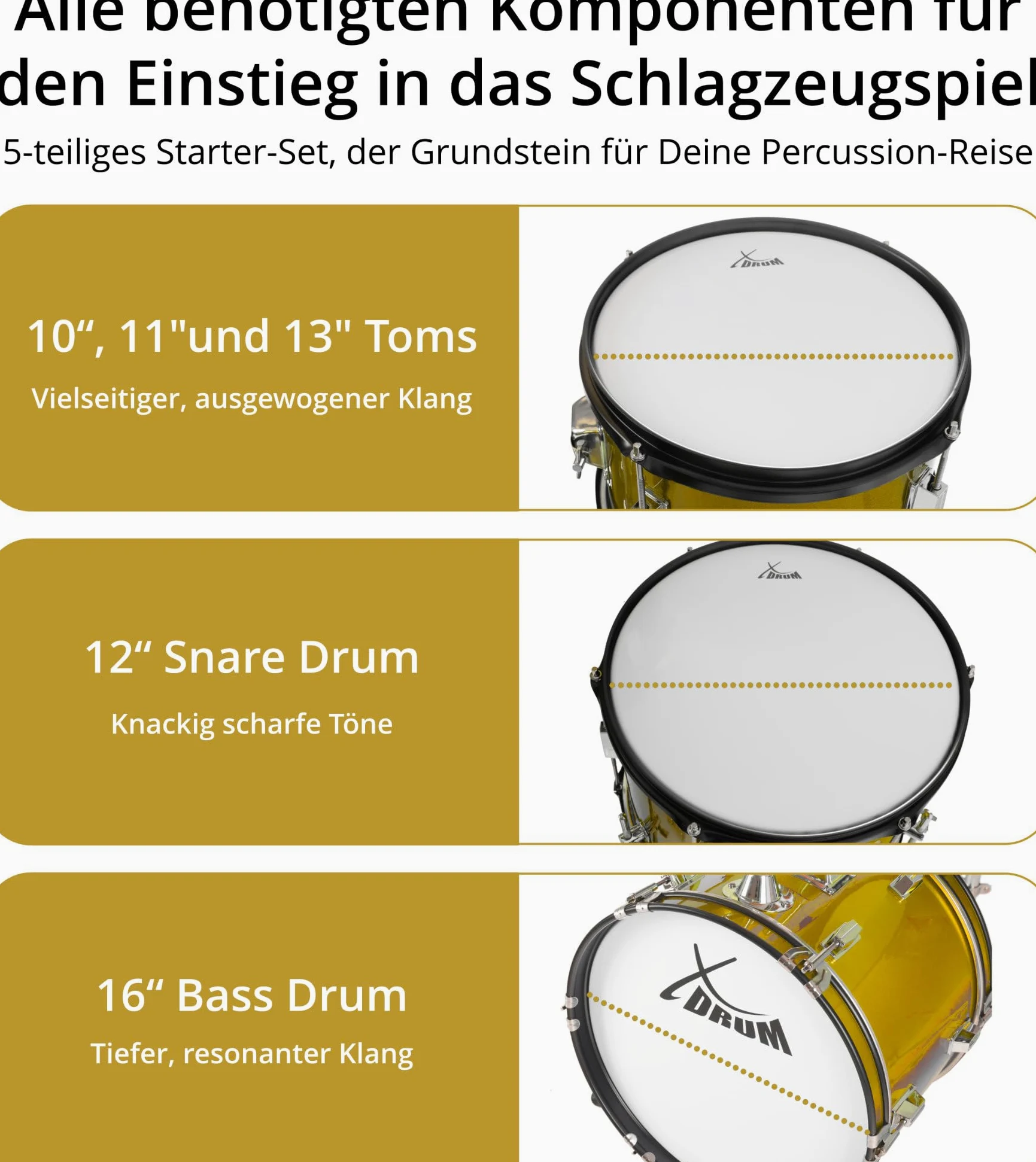 XDrum Junior Pro Kinder Schlagzeug Sunset Gold Sparkle - geeignet von 5-9 Jahren - Drumset mit komplettem Zubehör - inkl. Schule - Orange