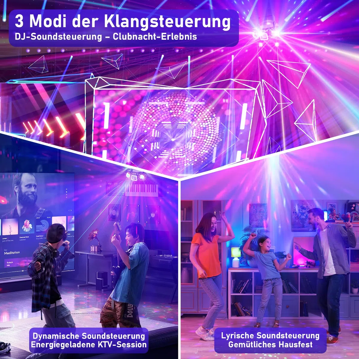 Discolicht Partylicht mit Dual Disco Bällen – RGB Sound-aktivierte Partylichter, Effekt Licht für DJ, KTV, Club, Weihnachtsfeier