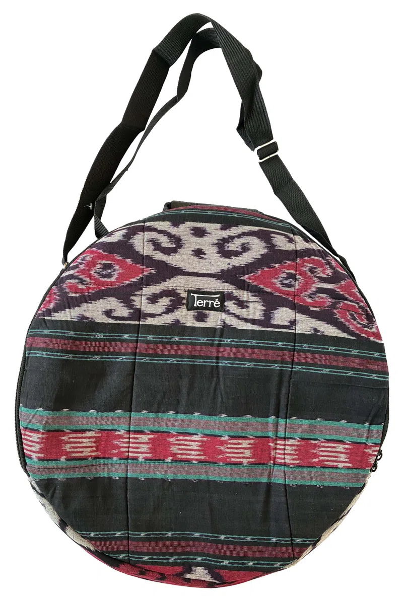 Shamandrum Tasche ROT Töne aus Ikat-Webstoff Ø 60 cm für Schamanentrommel - im MYSEVENDO Set - Rund Ritual Drum Trageriemen Trommeltasche