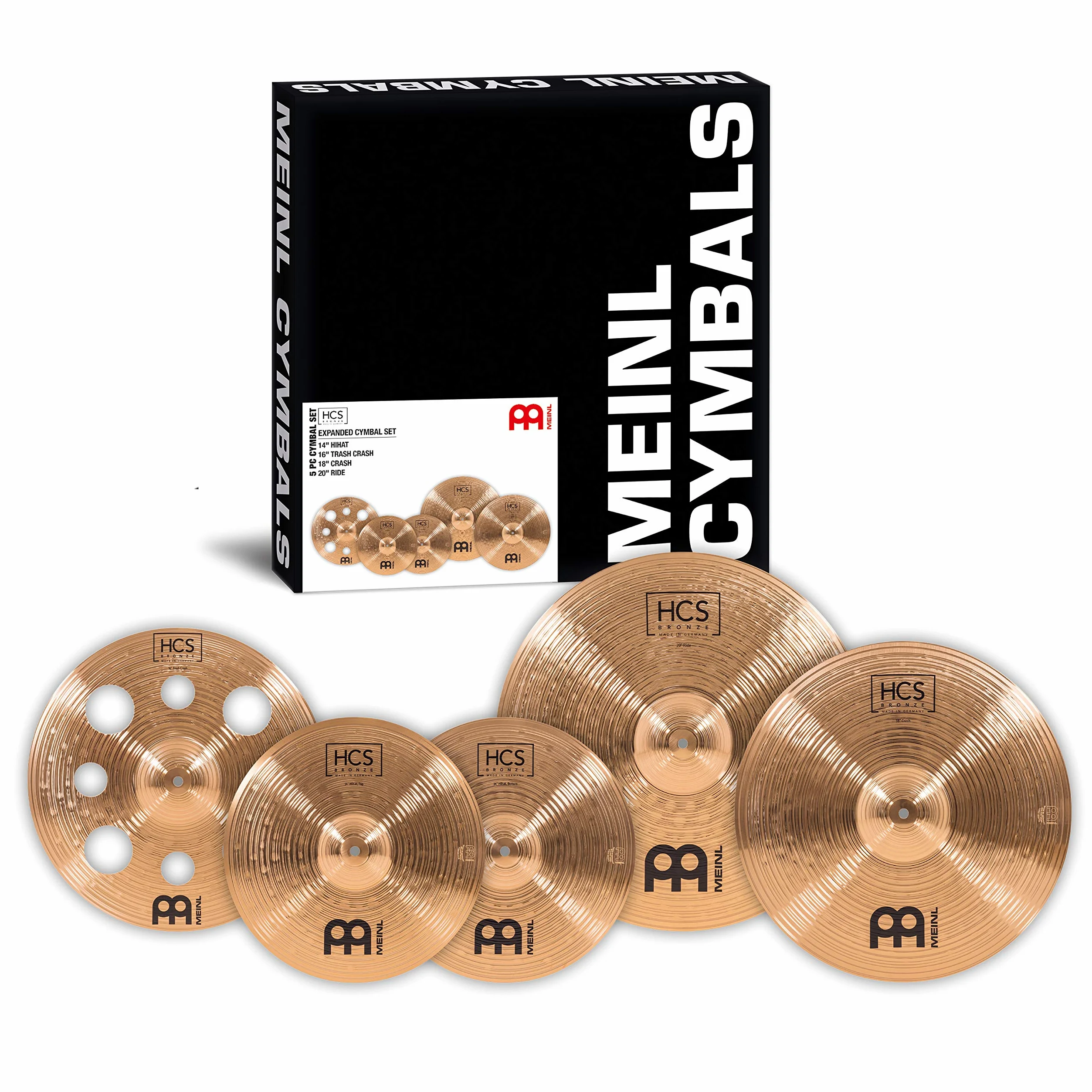 Meinl Cymbals HCS Bronze Expanded Schlagzeug Becken Set Box Pack mit 14 Hihats, 16 Trash Crash, 18 Crash und 20 Ride (35,56-50,80cm) B8 Bronze, Traditionelles Finish (HCSB14161820)