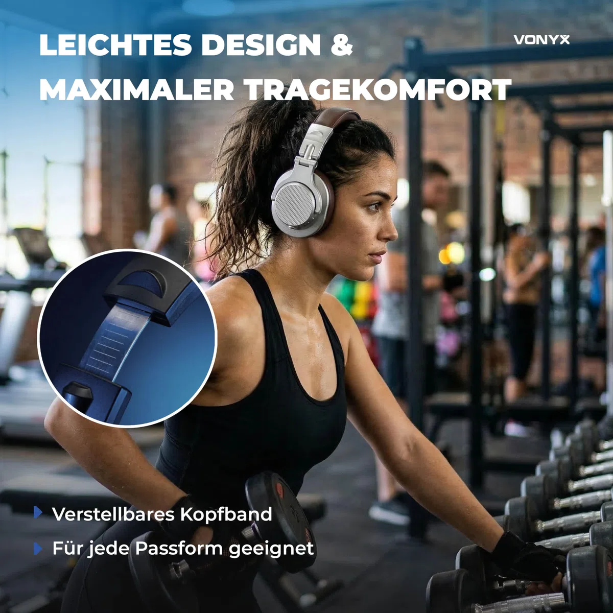 Vonyx HDX120WSN - Over Ear Kopfhörer Bluetooth, 75 Std. Akku, 40mm Treiber - Tiefer Bass, Studio Kopfhörer Kabellos - 3,5/6,3mm Klinke – Faltbar & Drehbar, Bluetooth Headphones mit Tasche - Alu/Braun