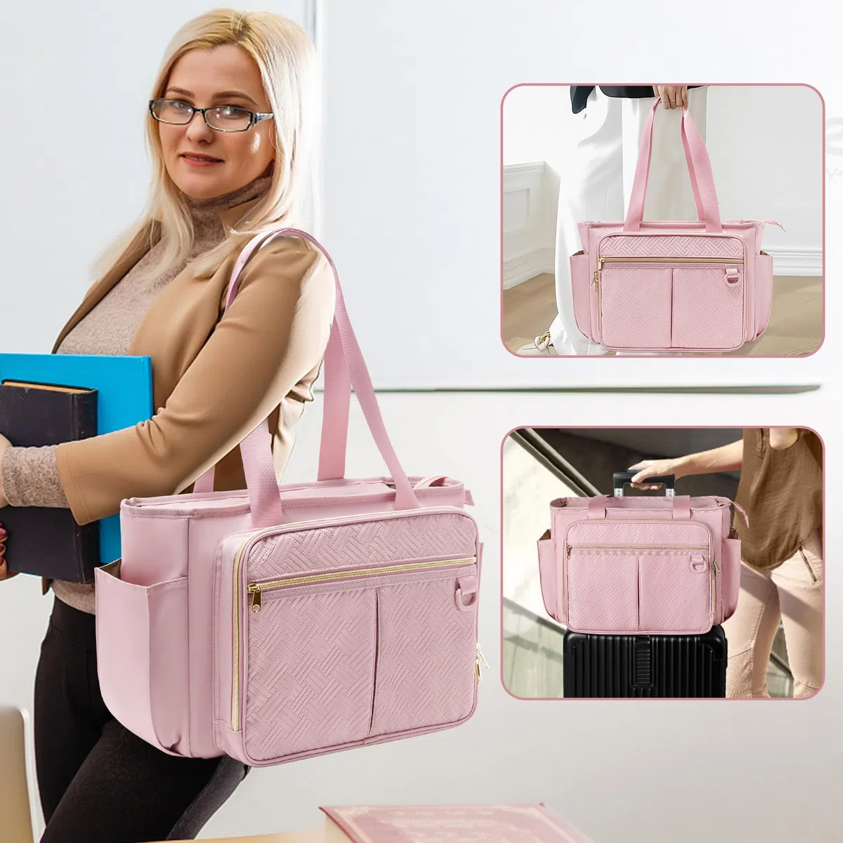Tragetasche für Lehrer mit Akkordeon-Aktenfach, große Arbeitstasche für Lehrerinnen für Frauen, Rosa (Patentdesign)