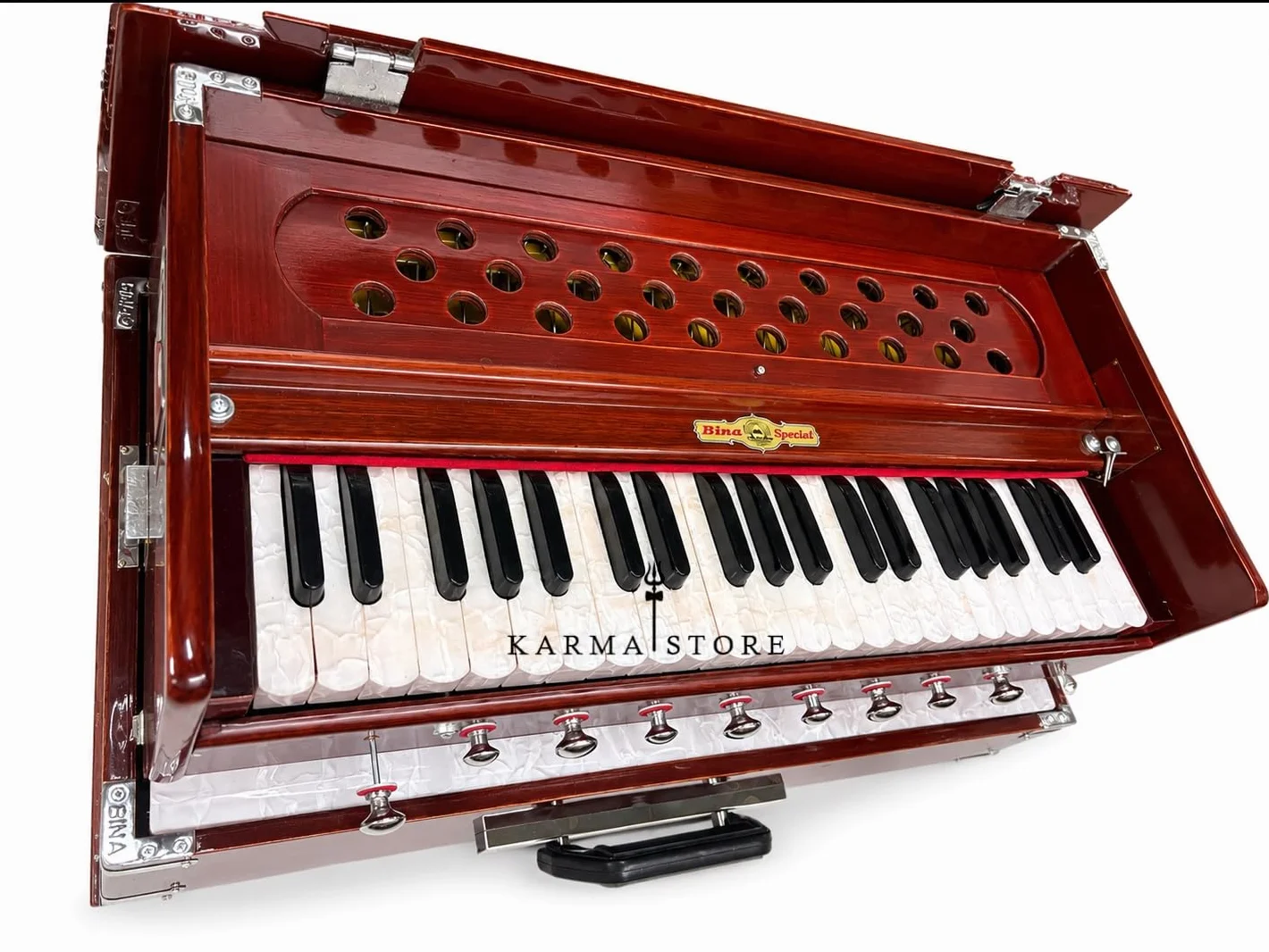 Harmonium Traveler, tragbar faltbar mit 9 Stops, 3½ Oktaven, Teak, Holz, 18 x 12 x 7 Zoll, 8 kg, Bass-Male Reed, 440 Hz