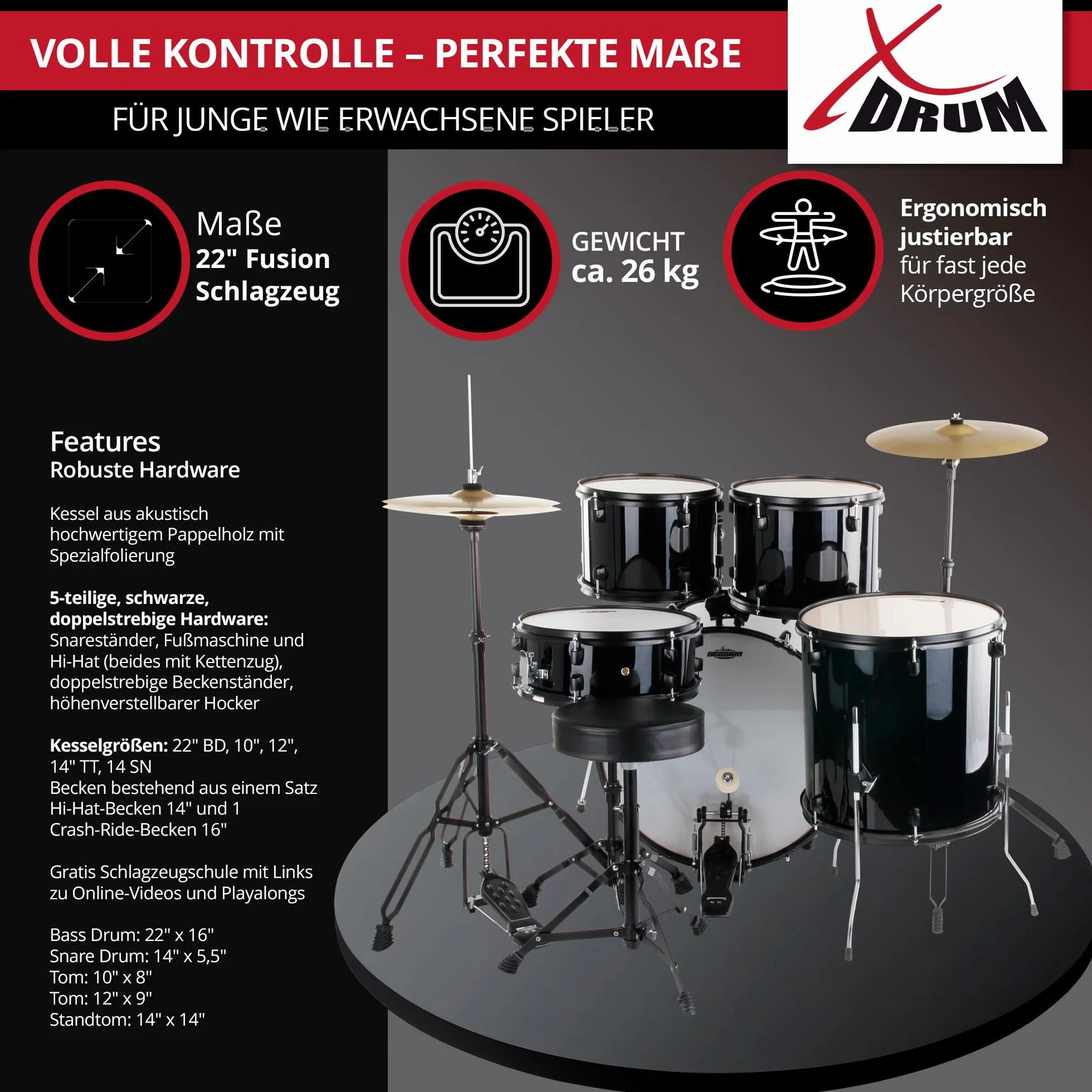 XDrum Rookie 22" Fusion Schlagzeug Komplettset Black - Ideal für Einsteiger - Stylische Hardware in schwarz - Inkl. Drumsticks, Aufbauanleitung und Schlagzeugschule - Schwarz