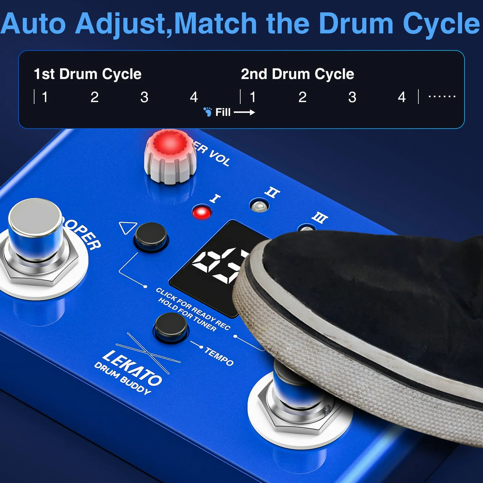 LEKATO Drum Looper Pedal mit Stimmgerät, 4 Loops, 11 Minuten Loop Pedal mit Drumcomputer 30 Trommeln mit App zum individuellen Bearbeiten und Speichern für E-Gitarre und Bass, Tempo klopfen