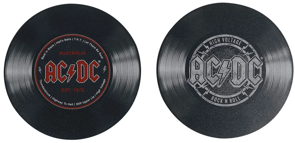 AC/DC Schallplattenunter- Setzer 6-teilig Bedruckt, aus Hart-PVC und rutschfestem Zellkautschuk.