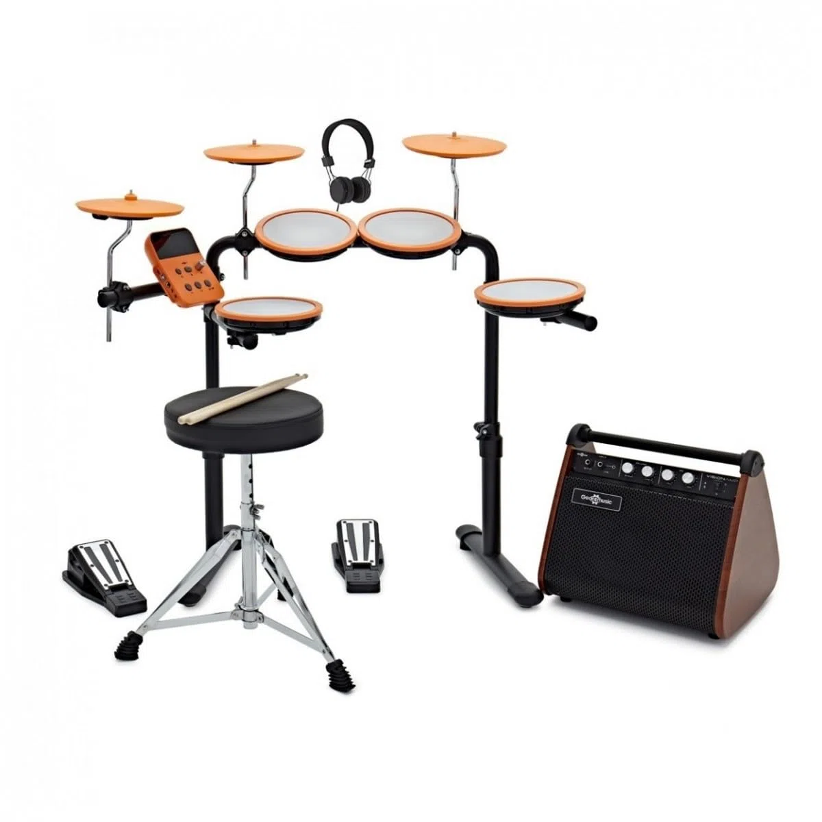 VISIONDRUM Schlagzeug Elektronisch Kinder und Erwachsene - E Drum Set mit 7 Leisen Mesh Pads Elektro Schlagzeug mit Verstärker Drum-Thron Sticks und Kopfhörer - Orange