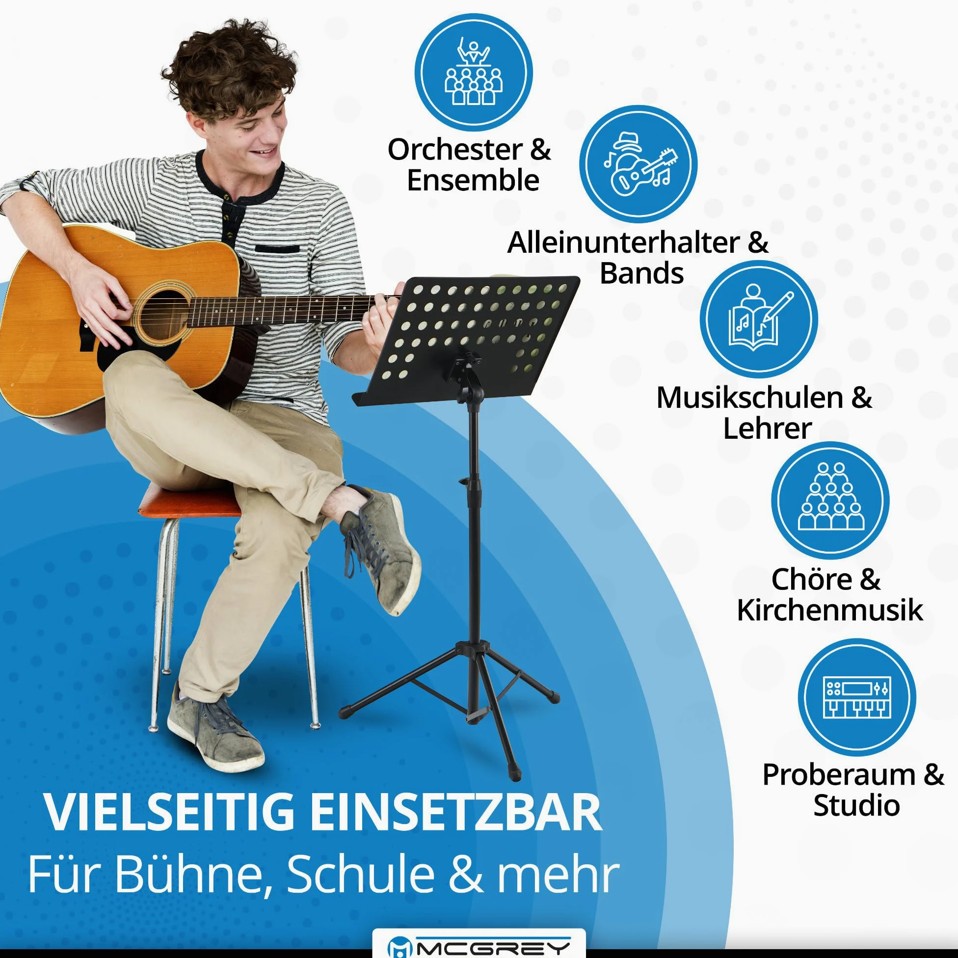 McGrey 11940 Orchesterpult Lochblech Notenständer - stabiler Metall-Ständer - Dreibein und höhenverstellbar von 69 cm bis 115 cm - mit Notenklemmen und abnehmbarer Ablage - Deluxe Notenpult Schwarz