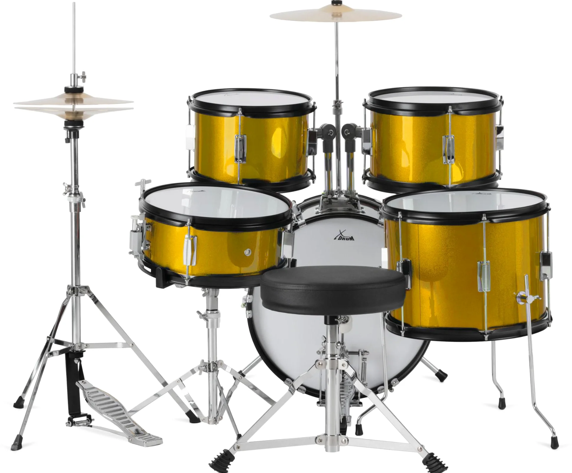 XDrum Junior Pro Kinder Schlagzeug Sunset Gold Sparkle - geeignet von 5-9 Jahren - Drumset mit komplettem Zubehör - inkl. Schule - Orange