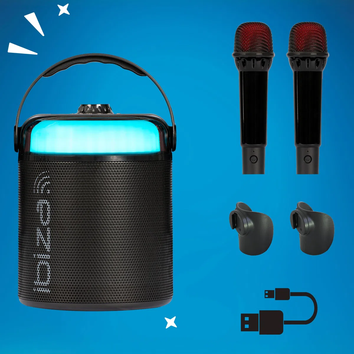 Ibiza - KARAHOME-BK - Batteriebetriebenes leichtes Karaoke-Lautsprechersystem mit Zwei drahtlosen Mikrofonen (batteriebetrieben) - Bluetooth, USB, MicroSD, USB, AUX und Coax - Schwarz