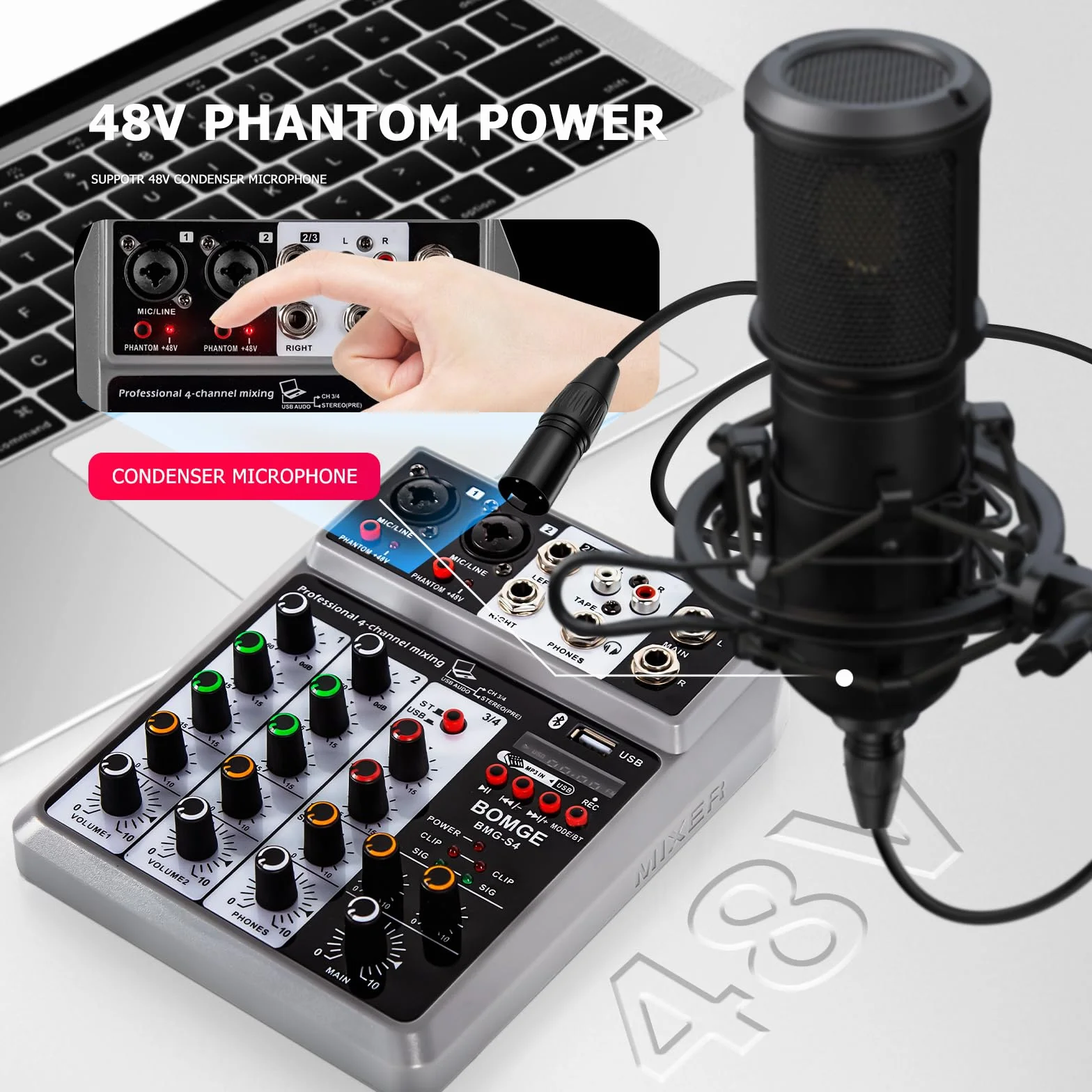 BOMGE Professioneller Audio-Mixer, Soundboard-Mischpult mit 4-Kanal-Digital-USB-Bluetooth-Echo-Delay-Effekt, Eingang 48 V Phantomspeisung, Stereo-DJ-Mixer für Aufnahme, Live-Streaming, Podcasting