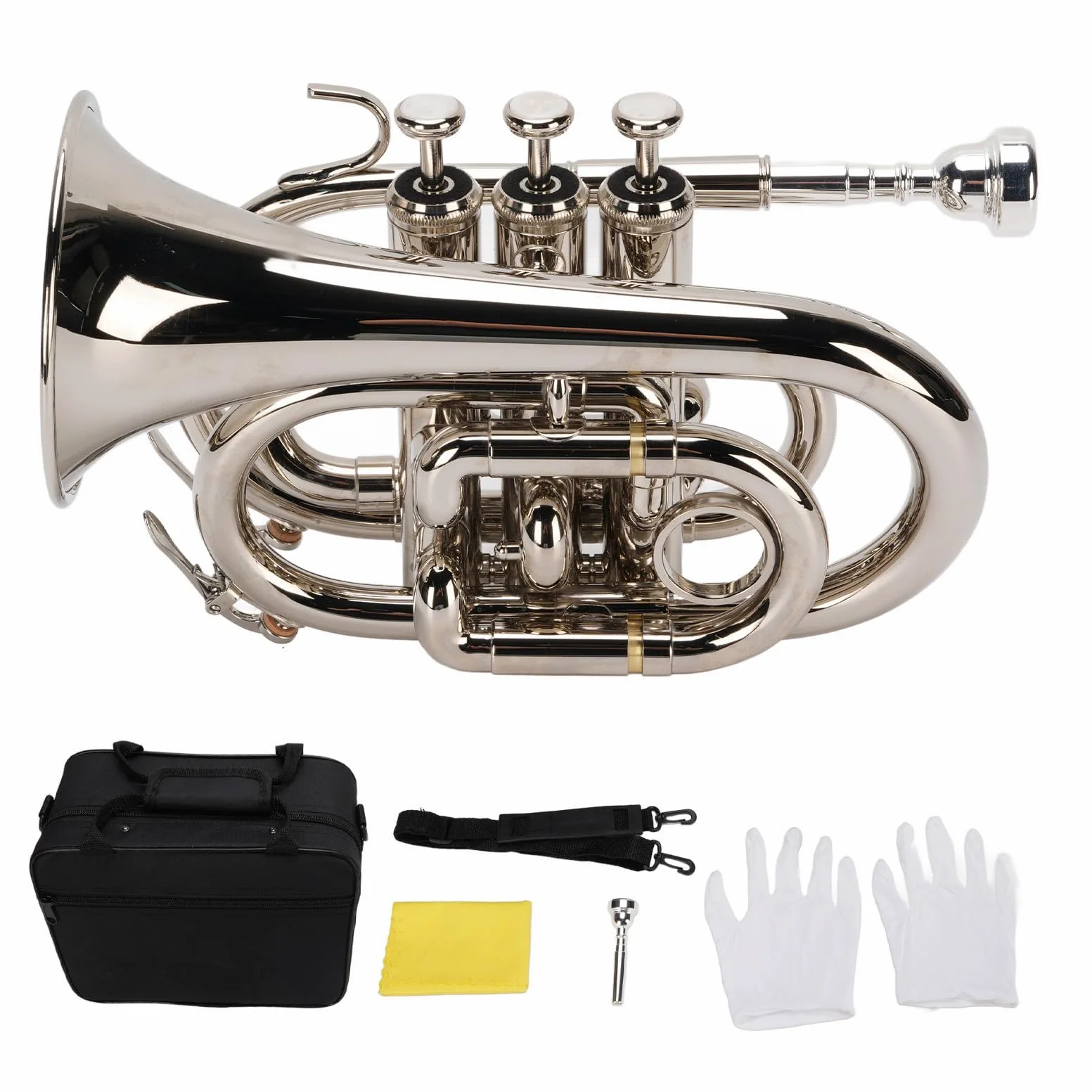 Bb-Trompete, N plattierte Basstrompete Ergonomische tragbare Bb-Taschentrompete für Anfänger, Studenten, Reisende und Profis, doppeltes Entwässerungsventil